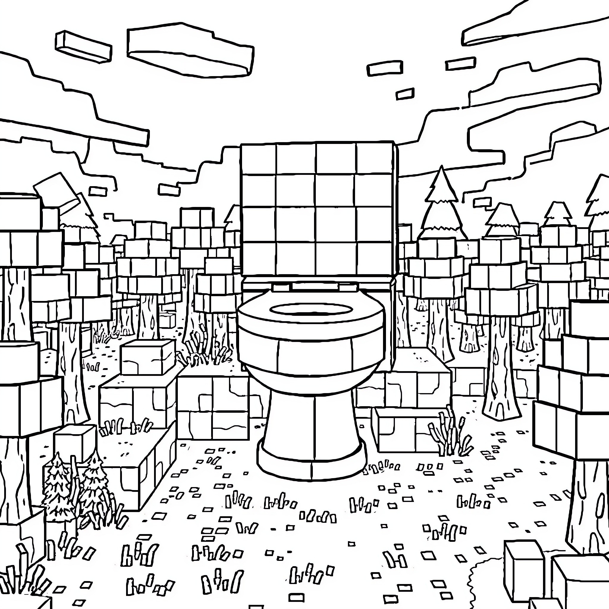 Skibbidi Toilet in Blocky Surreal Landscape Coloring Page (free black-and-white line drawing printable PDF for all, from beginners to advanced learners, including children, teens, adults, and seniors)