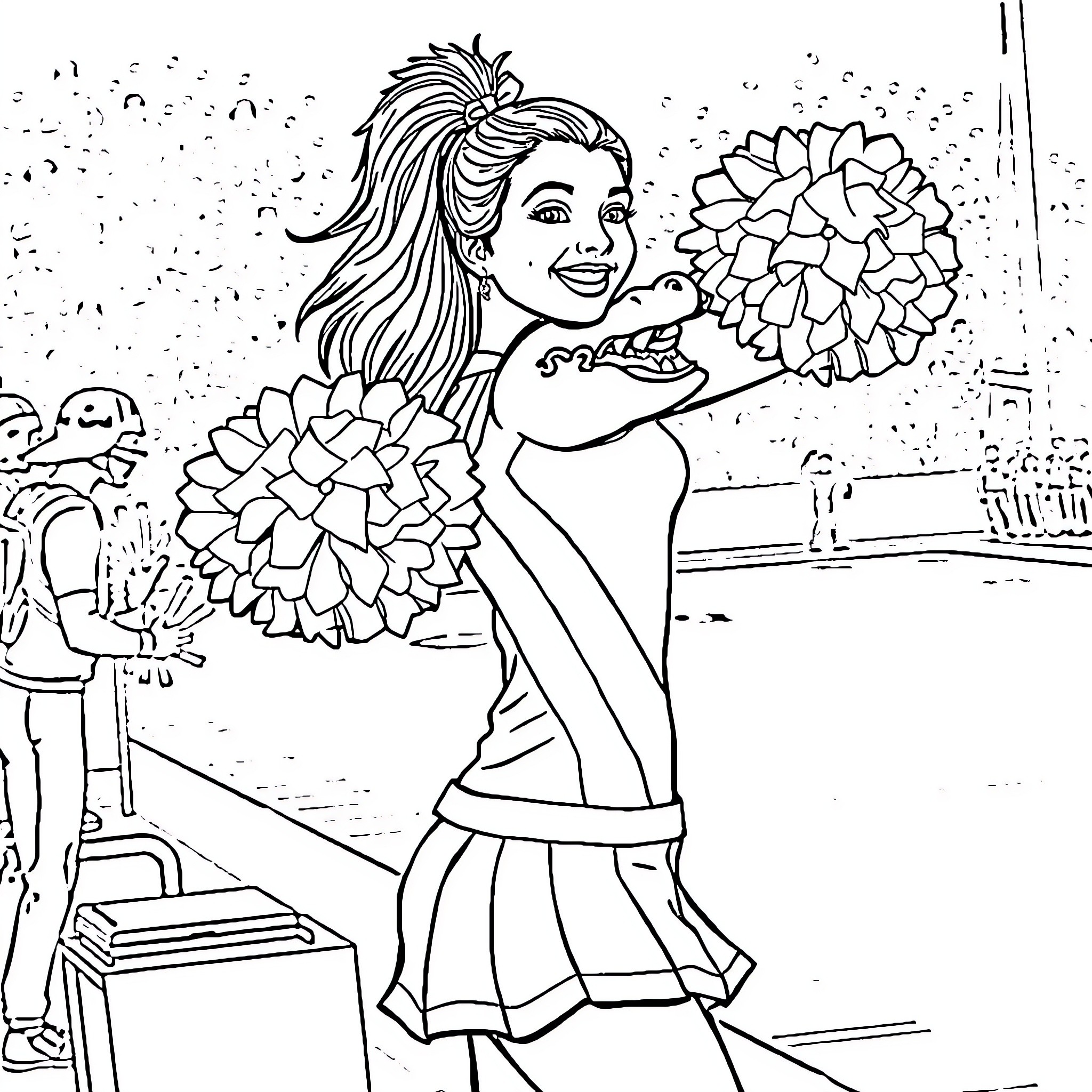 Cheerleader performing energetic routine with pom-poms Coloring Page (free black-and-white line drawing printable PDF for all, from beginners to advanced learners, including children, teens, adults, and seniors)