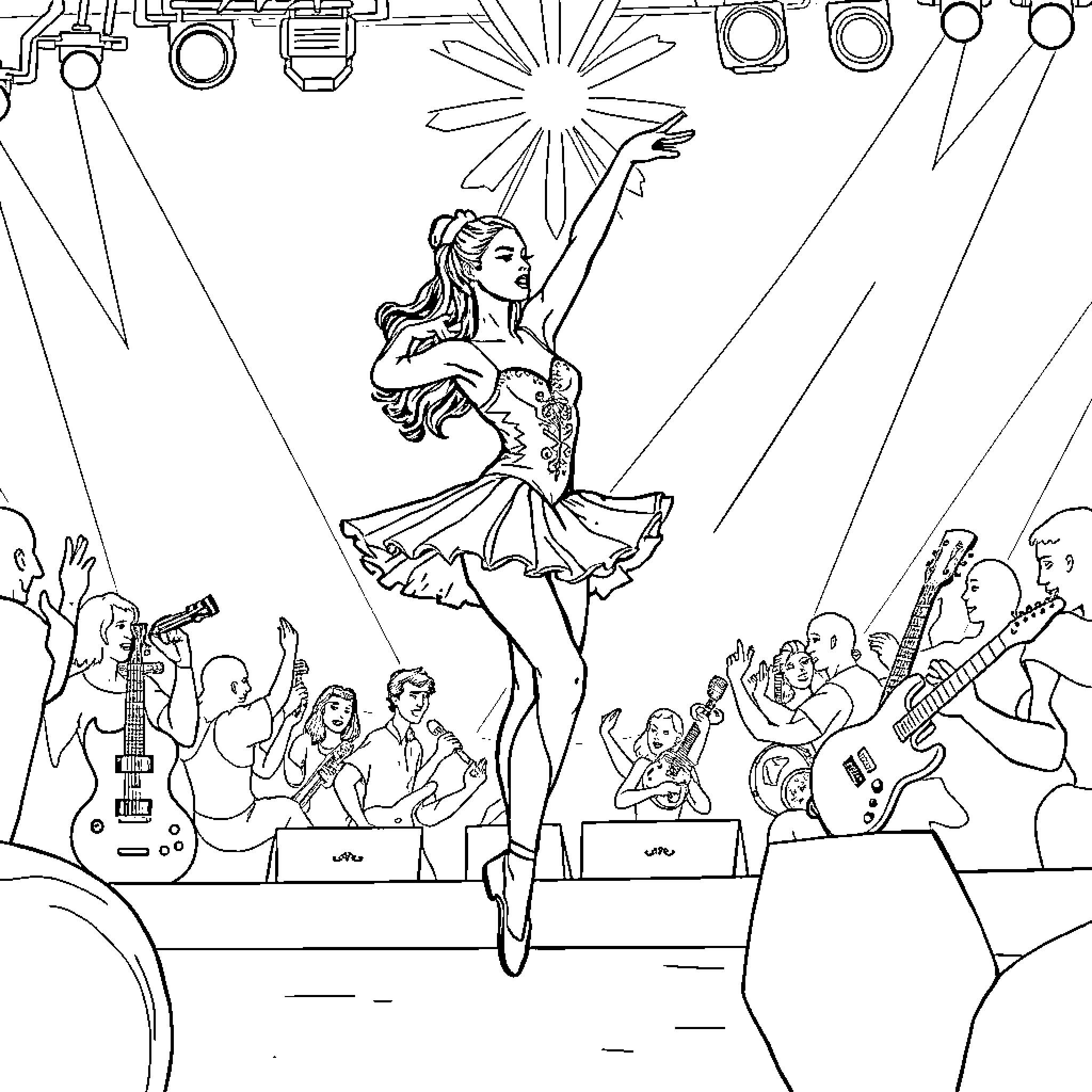 Ballerina performing on stage with band Coloring Page (free black-and-white line drawing printable PDF for all, from beginners to advanced learners, including children, teens, adults, and seniors)