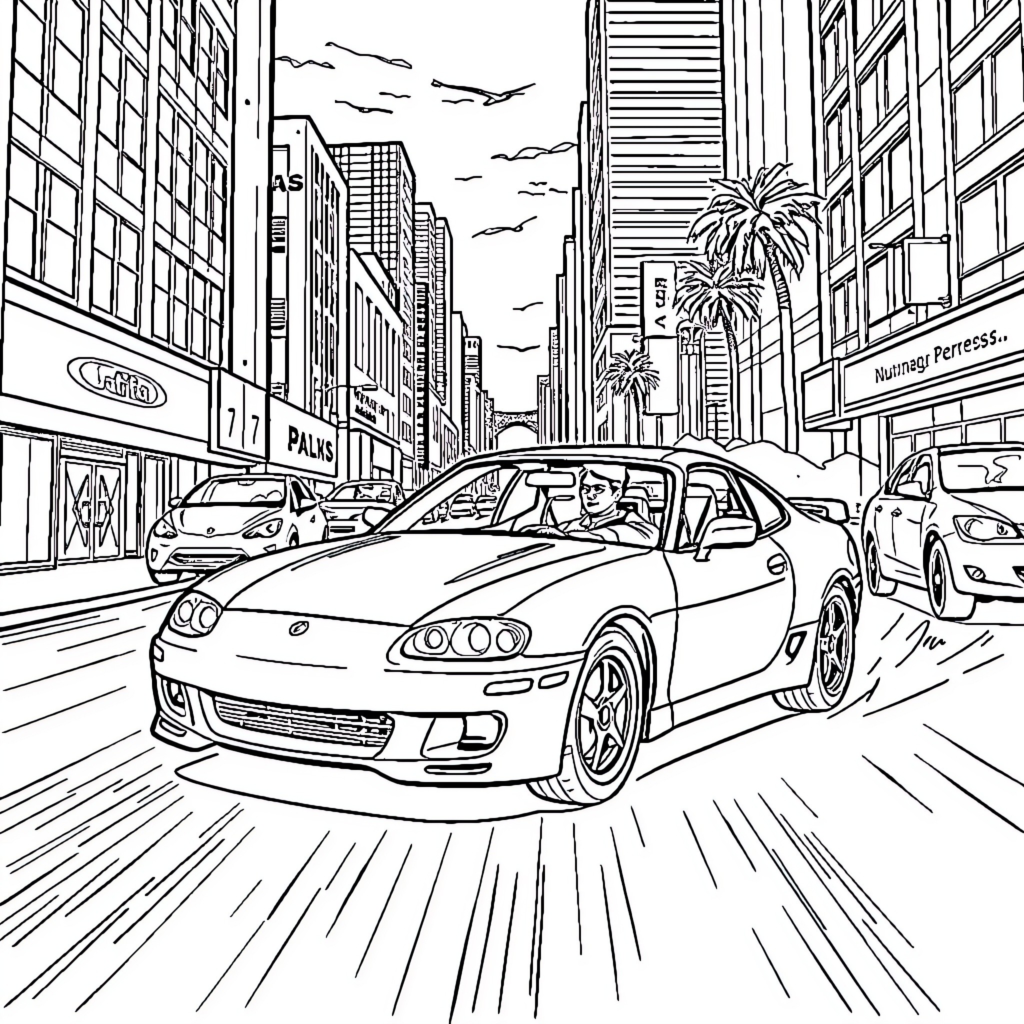 Man driving sports car through busy city street Coloring Page (free black-and-white line drawing printable PDF for all, from beginners to advanced learners, including children, teens, adults, and seniors)