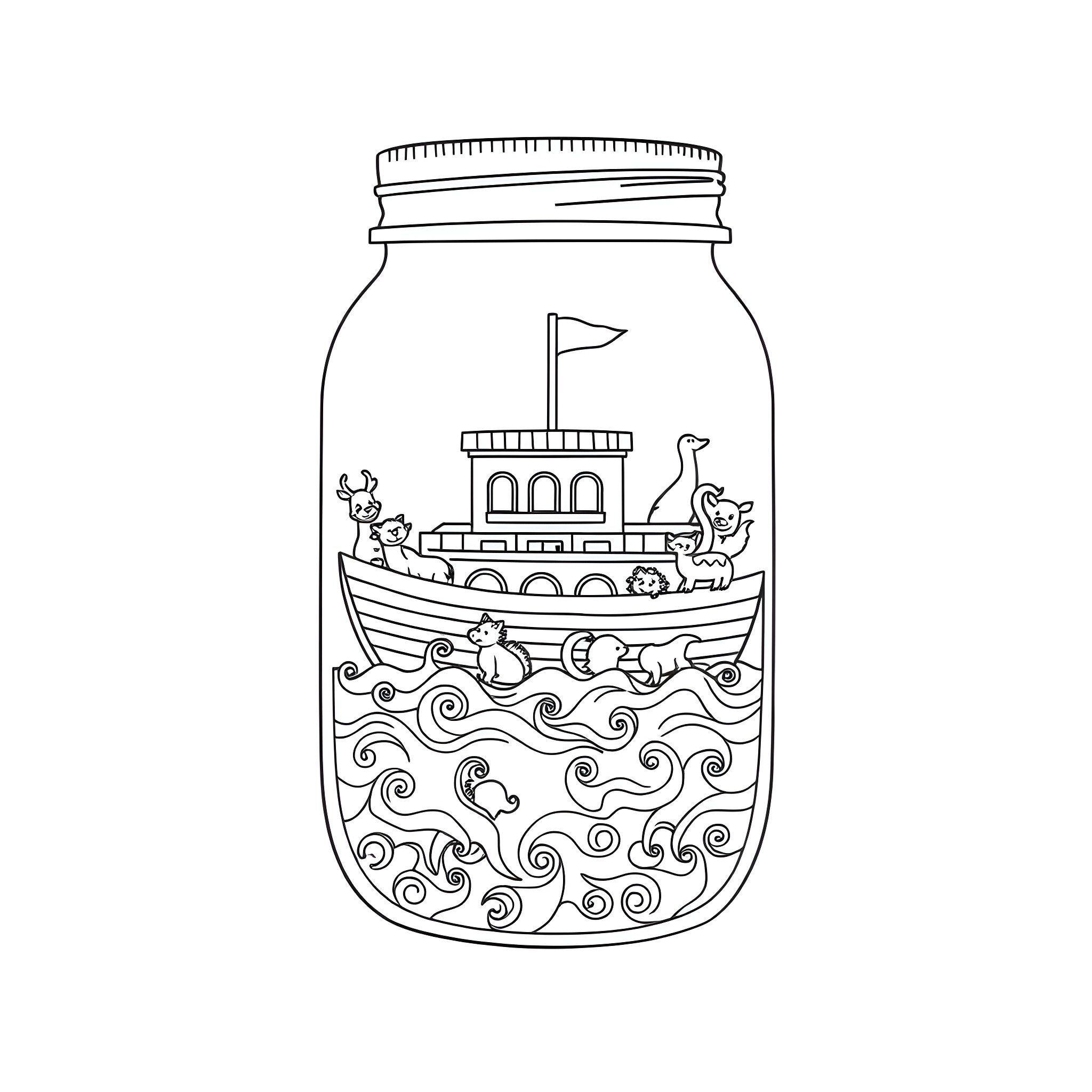 Noah's Ark with Animals in a Jar Coloring Page (free black-and-white line drawing printable PDF for all, from beginners to advanced learners, including children, teens, adults, and seniors)
