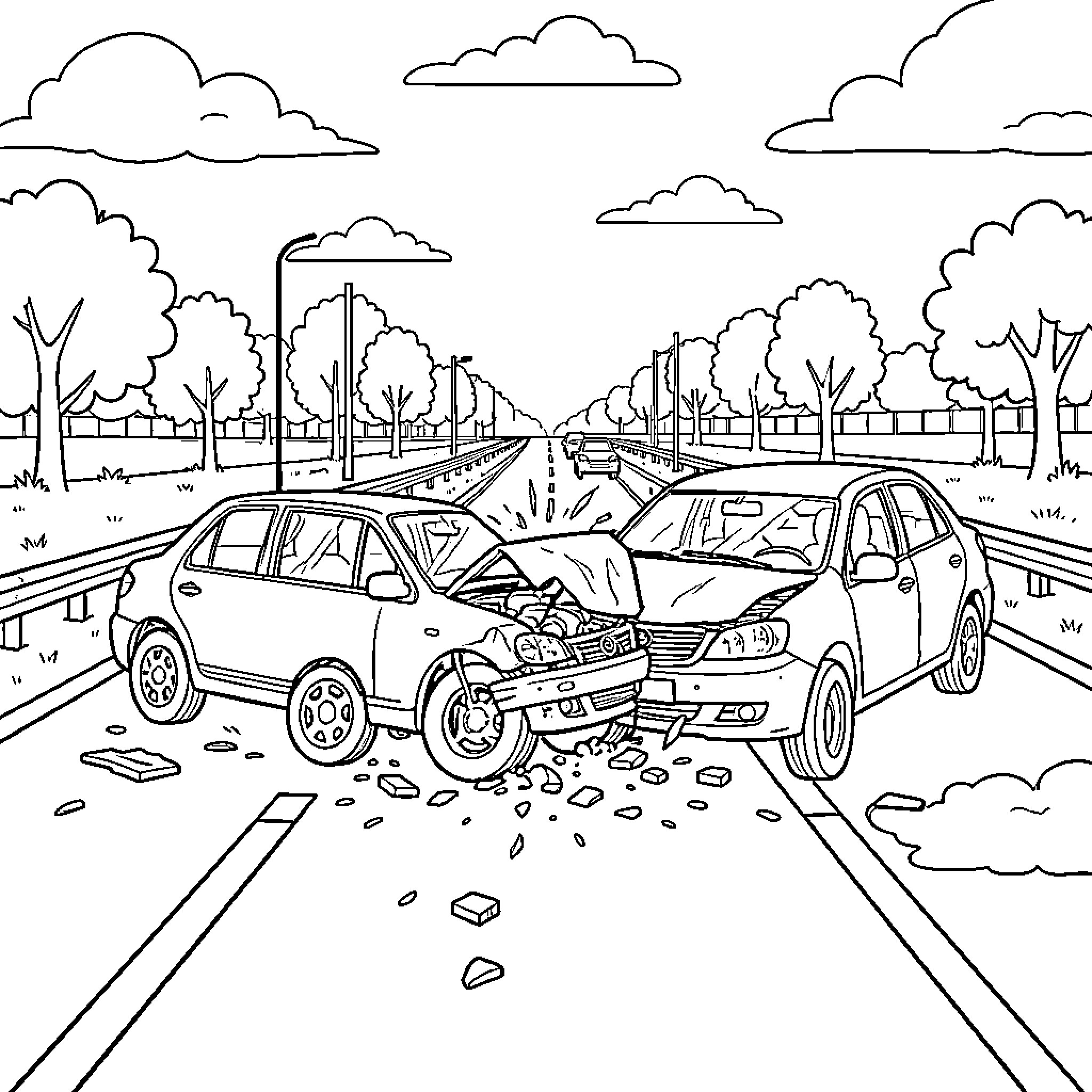 Vehicle Collision on the Roadway Coloring Page (free black-and-white line drawing printable PDF for all, from beginners to advanced learners, including children, teens, adults, and seniors)