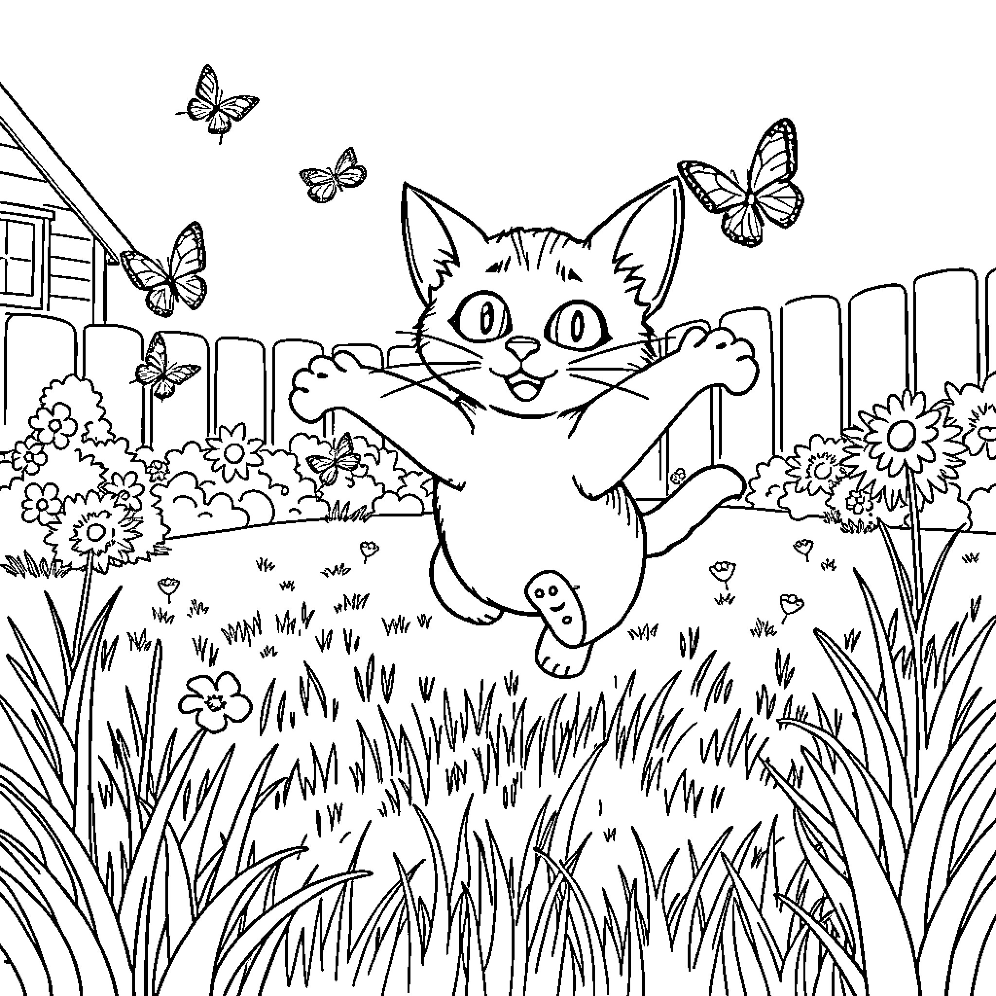 Cat playfully chasing butterflies in a garden Coloring Page (free black-and-white line drawing printable PDF for all, from beginners to advanced learners, including children, teens, adults, and seniors)