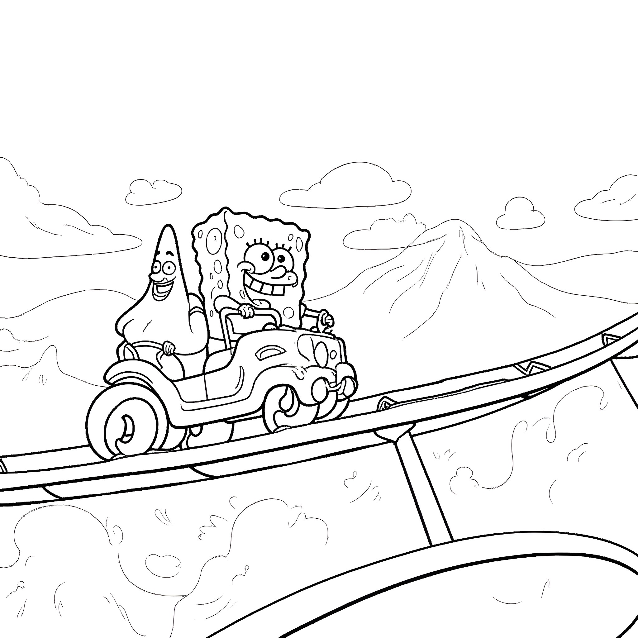 Spongebob driving a car on a winding road Coloring Page (free black-and-white line drawing printable PDF for all, from beginners to advanced learners, including children, teens, adults, and seniors)