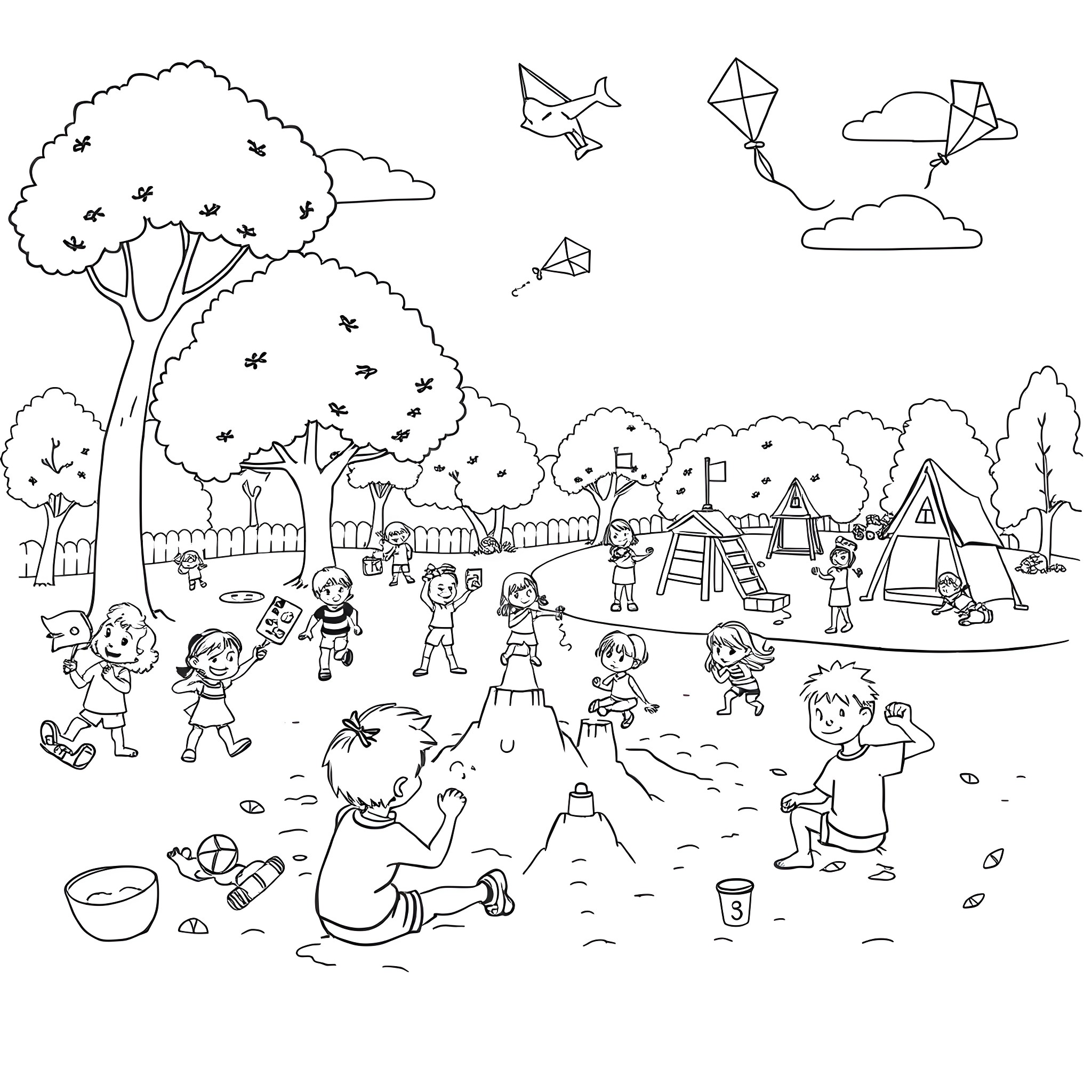 Kid playing and exploring at the outdoor park Coloring Page (free black-and-white line drawing printable PDF for all, from beginners to advanced learners, including children, teens, adults, and seniors)