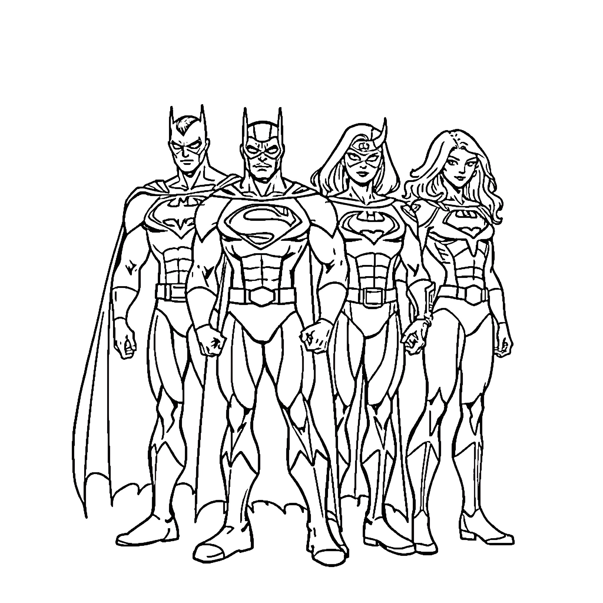 DC Superhero Team in Heroic Poses Coloring Page (free black-and-white line drawing printable PDF for all, from beginners to advanced learners, including children, teens, adults, and seniors)
