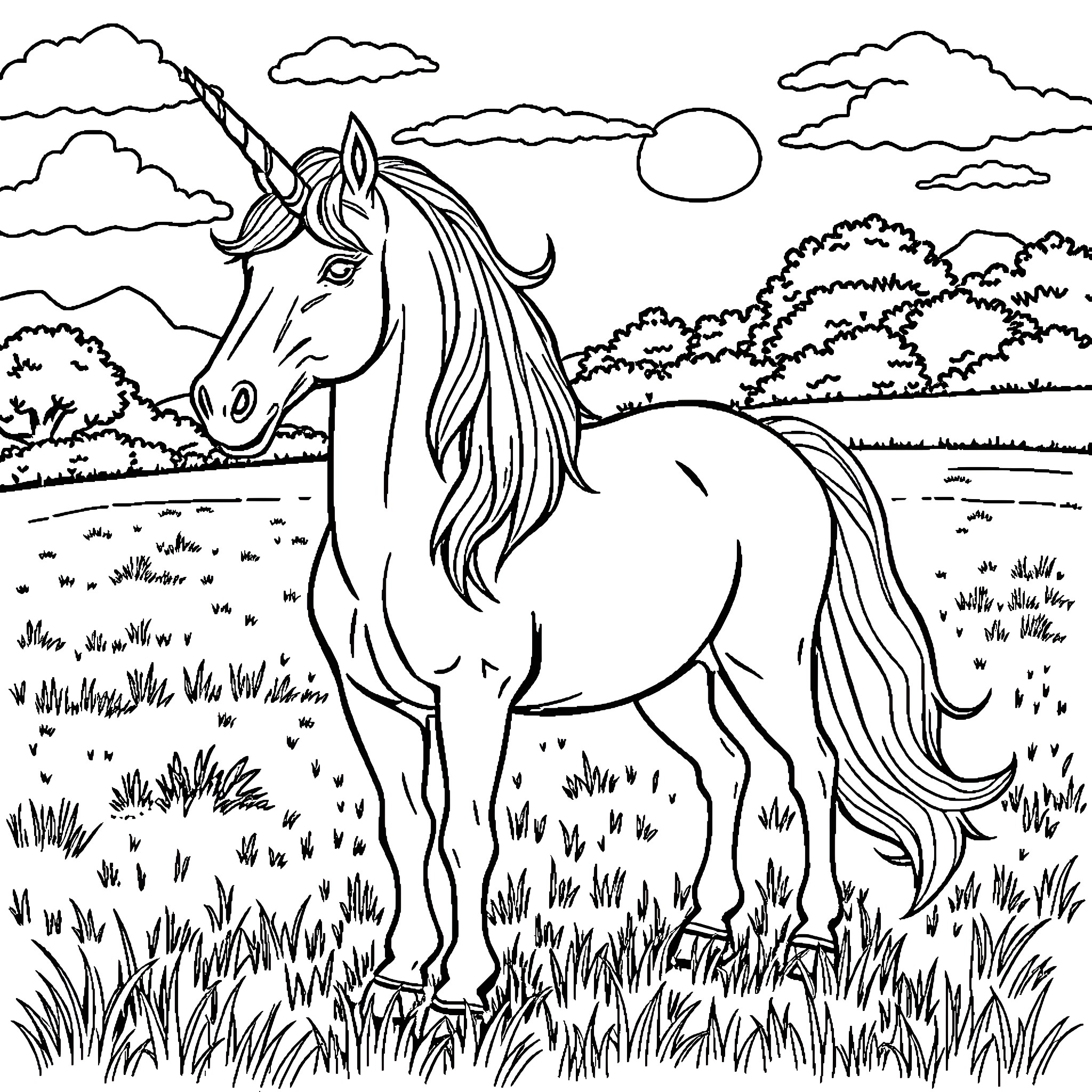 Unicorn standing gracefully in a peaceful landscape Coloring Page (free black-and-white line drawing printable PDF for all, from beginners to advanced learners, including children, teens, adults, and seniors)
