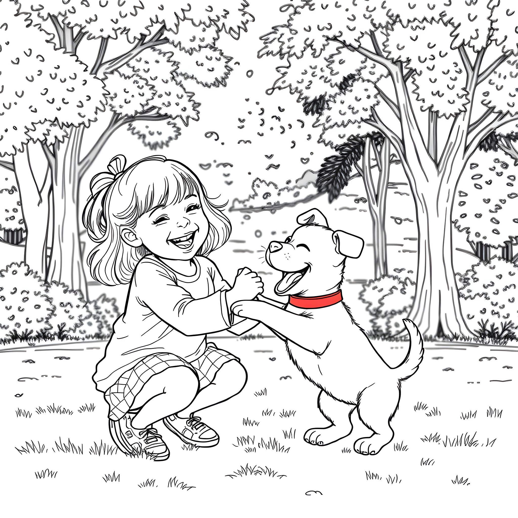 Girl playing joyfully with her dog in the park Coloring Page (free black-and-white line drawing printable PDF for all, from beginners to advanced learners, including children, teens, adults, and seniors)