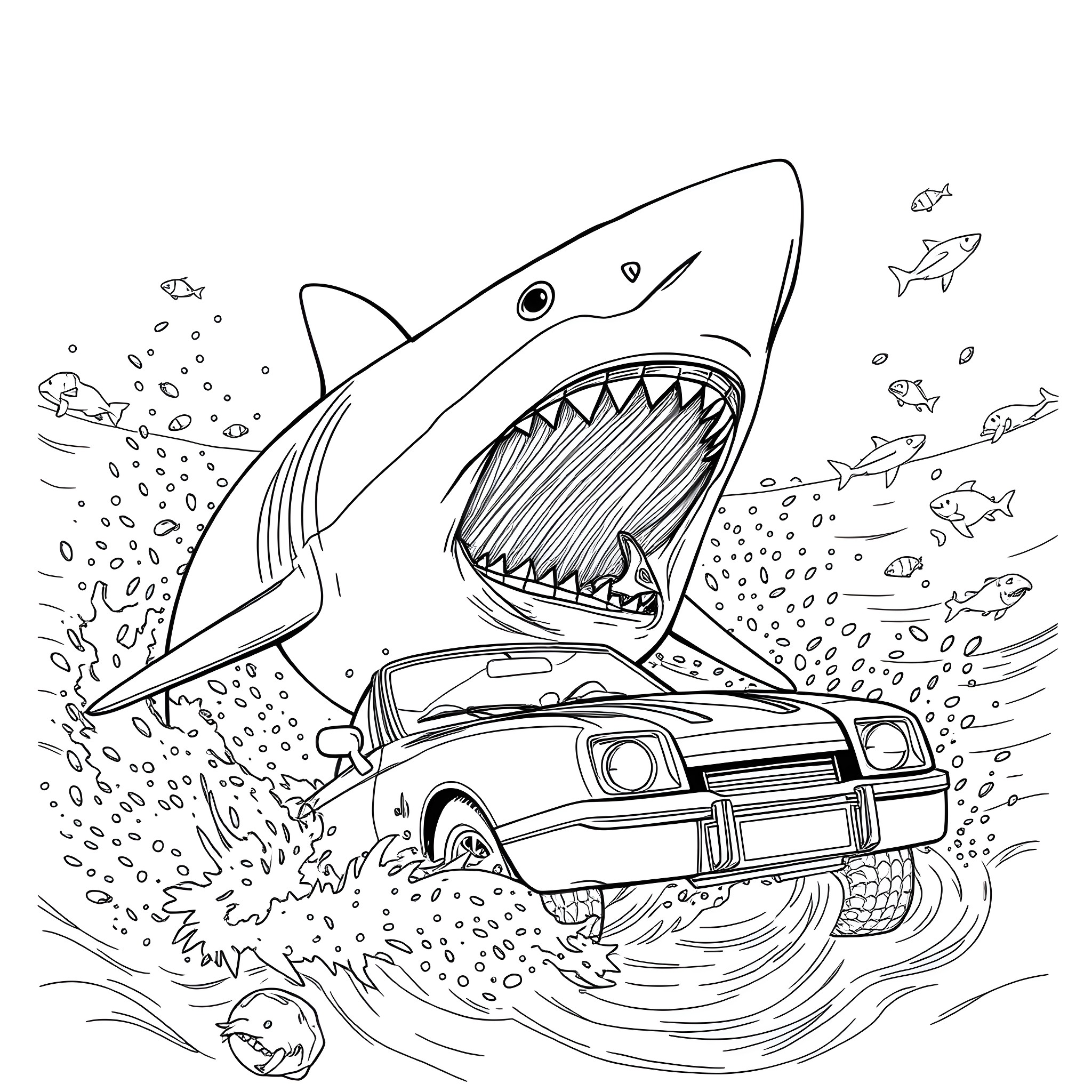 Shark chasing a car in the ocean Coloring Page (free black-and-white line drawing printable PDF for all, from beginners to advanced learners, including children, teens, adults, and seniors)