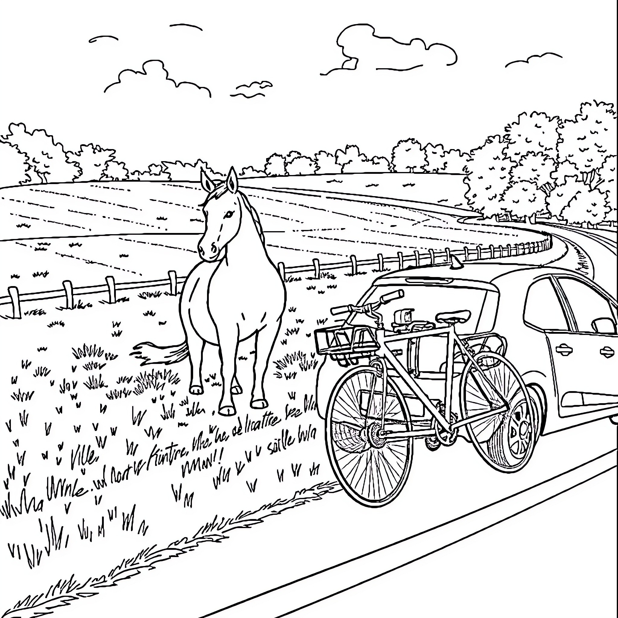 Licorne in Idyllic Countryside Landscape Coloring Page (free black-and-white line drawing printable PDF for all, from beginners to advanced learners, including children, teens, adults, and seniors)