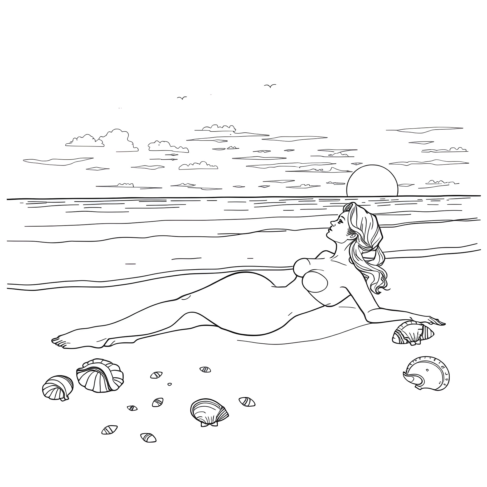 Woman relaxing on the beach at sunset Coloring Page (free black-and-white line drawing printable PDF for all, from beginners to advanced learners, including children, teens, adults, and seniors)