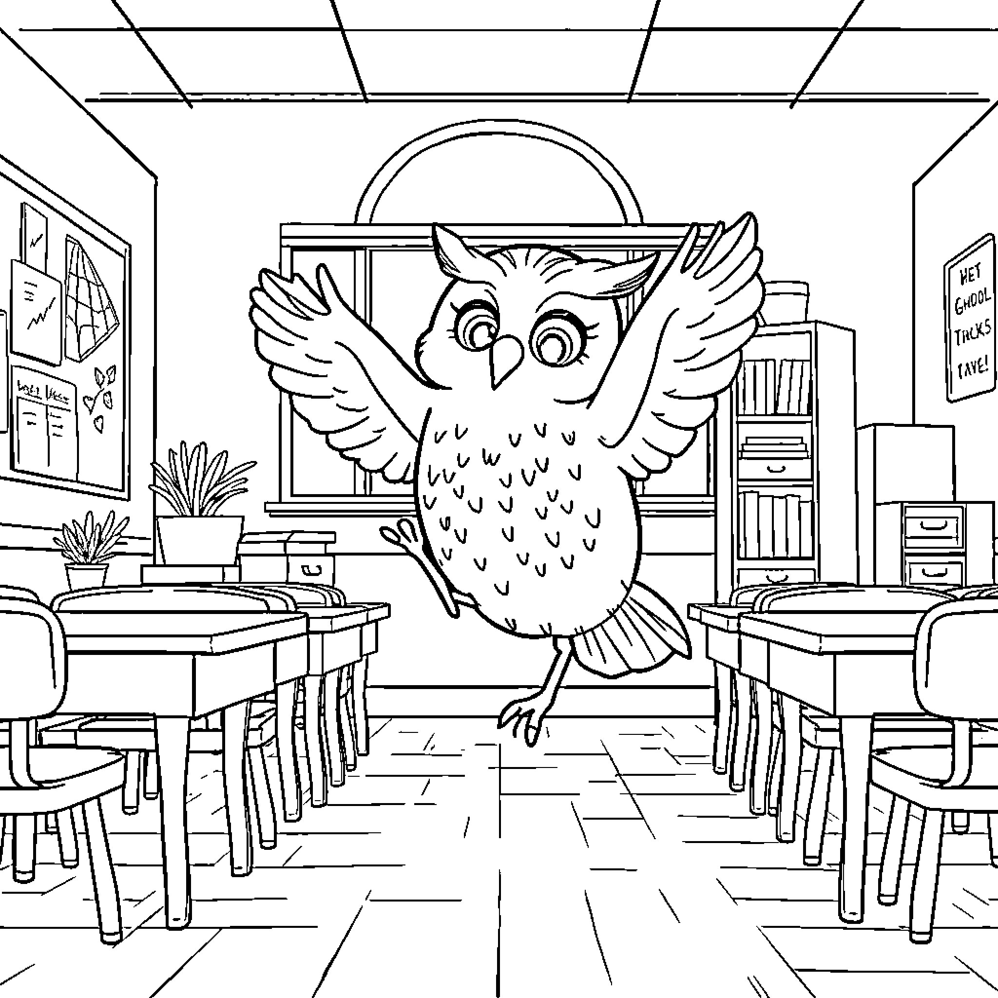 Owl spreads its wings in a classroom setting Coloring Page (free black-and-white line drawing printable PDF for all, from beginners to advanced learners, including children, teens, adults, and seniors)