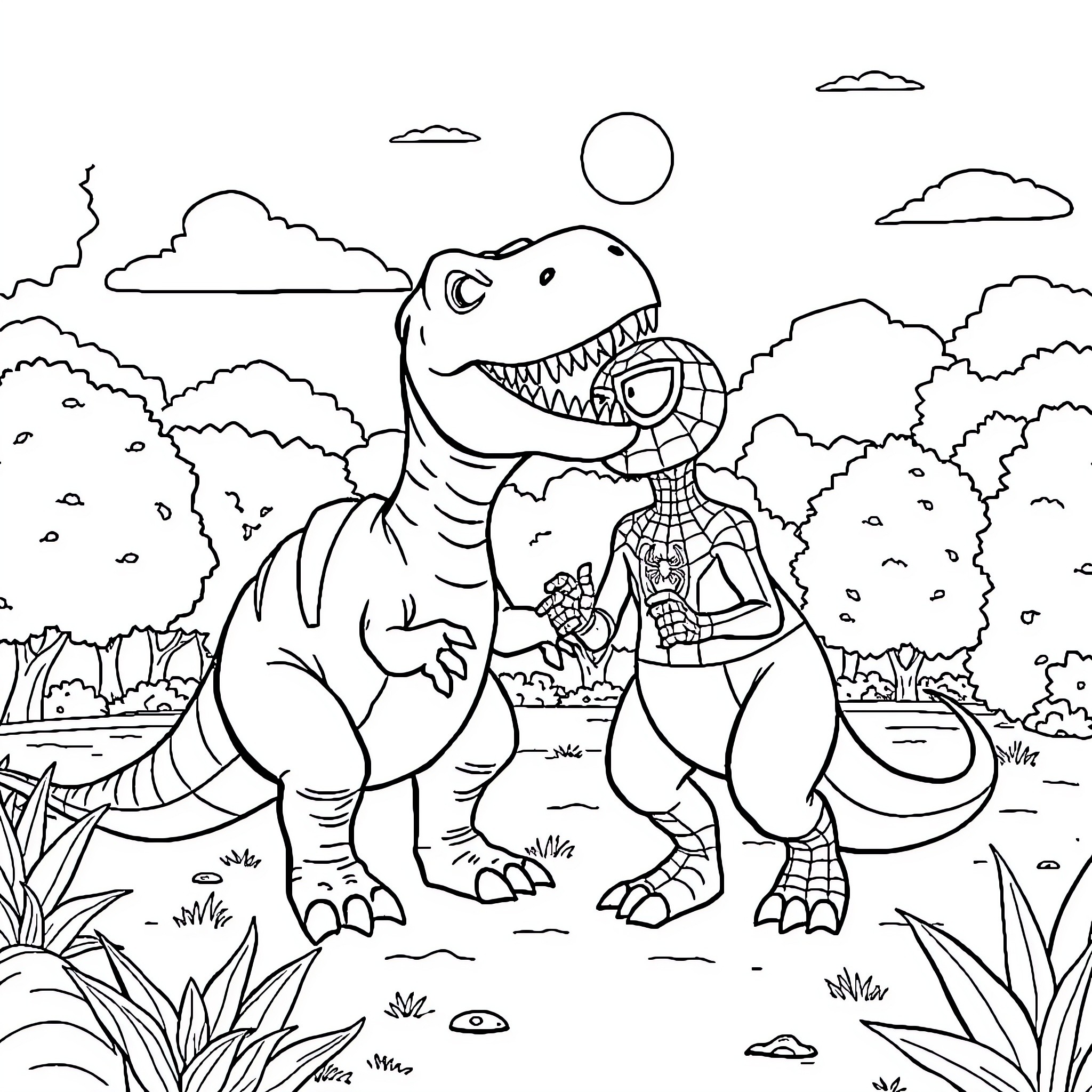 Dinosaur with superhero in natural scenery Coloring Page (free black-and-white line drawing printable PDF for all, from beginners to advanced learners, including children, teens, adults, and seniors)