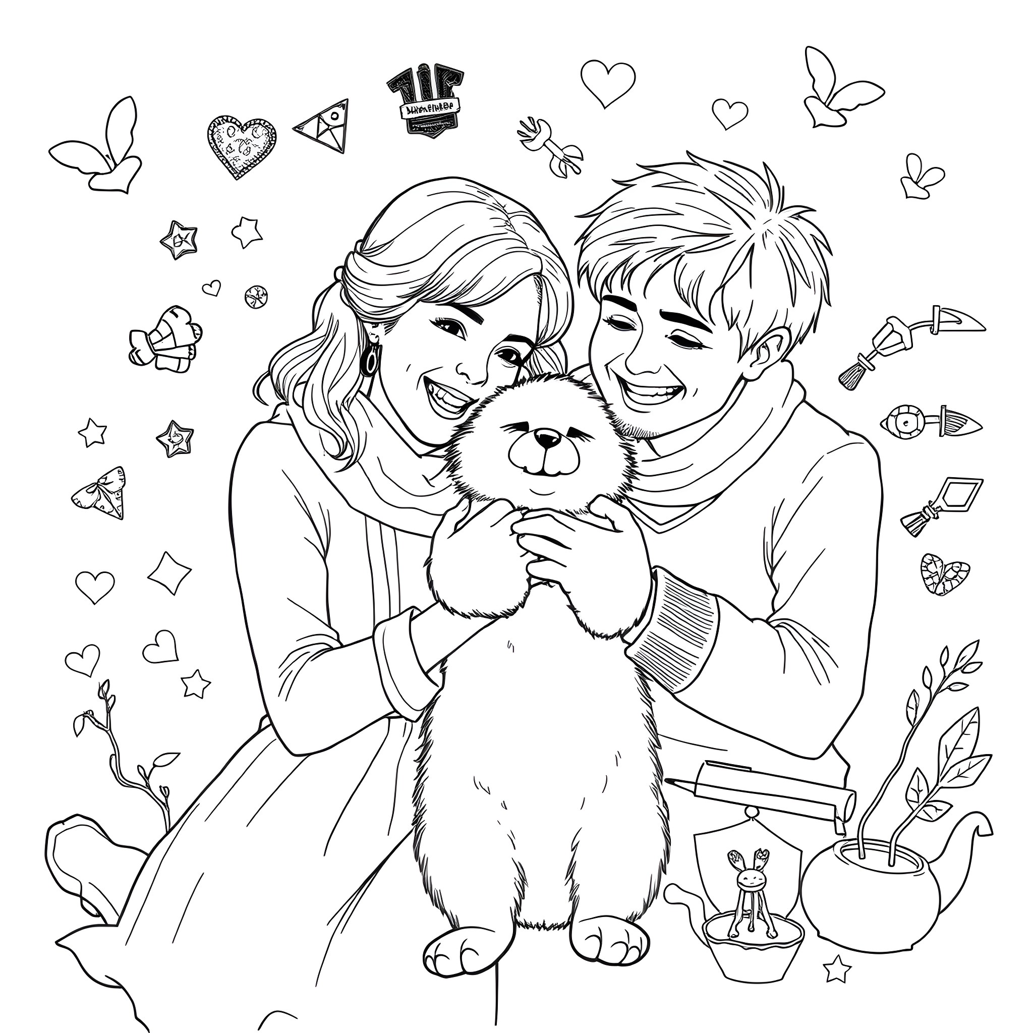 Emma Watson sharing a joyful moment with a pet Coloring Page (free black-and-white line drawing printable PDF for all, from beginners to advanced learners, including children, teens, adults, and seniors)