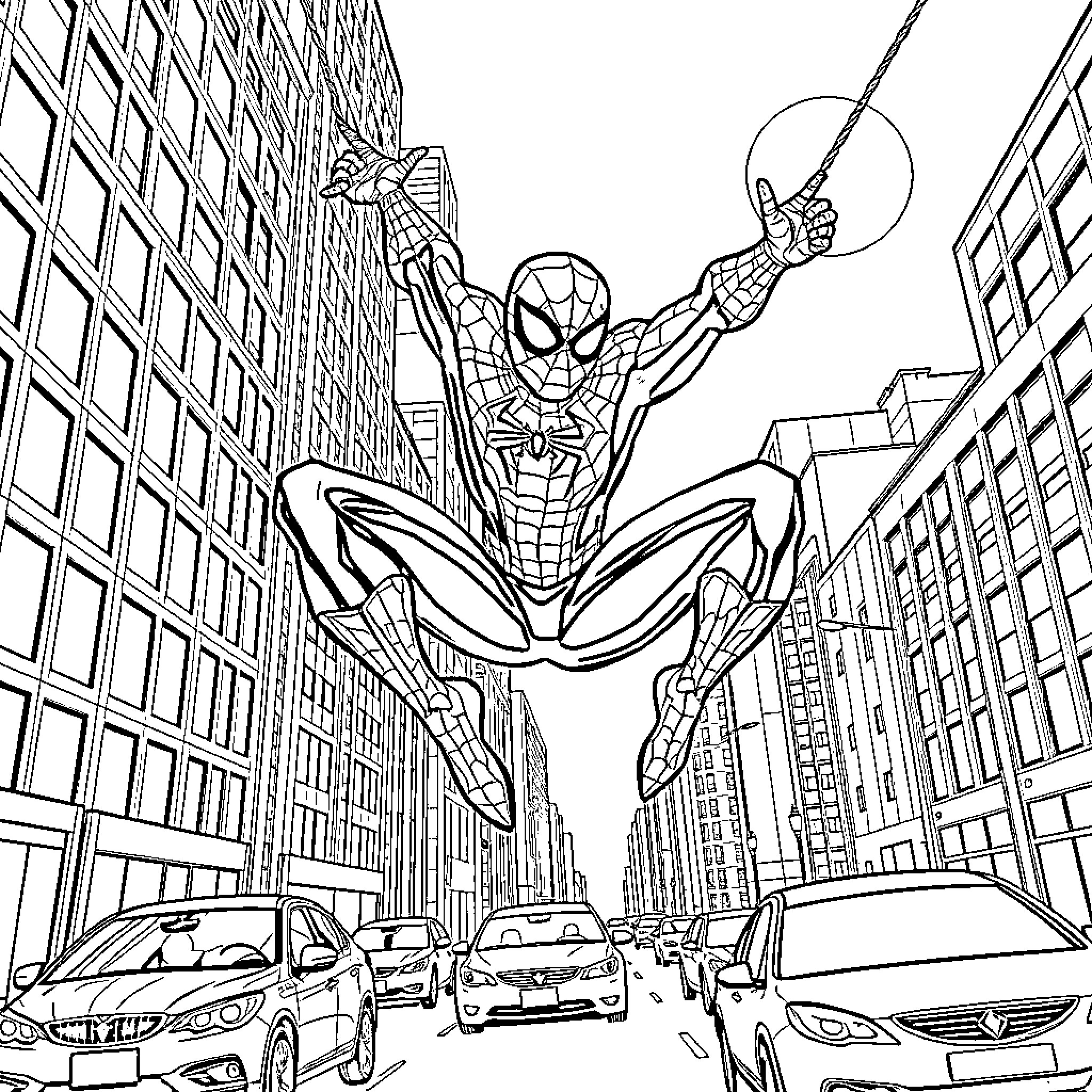 Spider-Man swinging through the city skyline Coloring Page (free black-and-white line drawing printable PDF for all, from beginners to advanced learners, including children, teens, adults, and seniors)