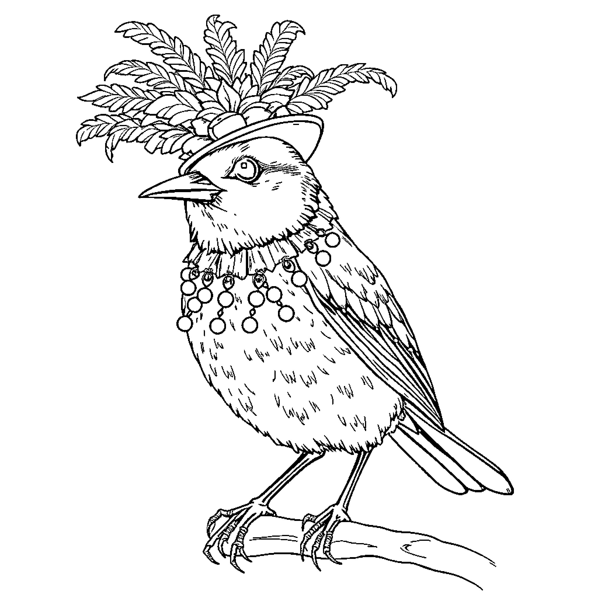 Owl dressed in decorative feathered headdress Coloring Page (free black-and-white line drawing printable PDF for all, from beginners to advanced learners, including children, teens, adults, and seniors)