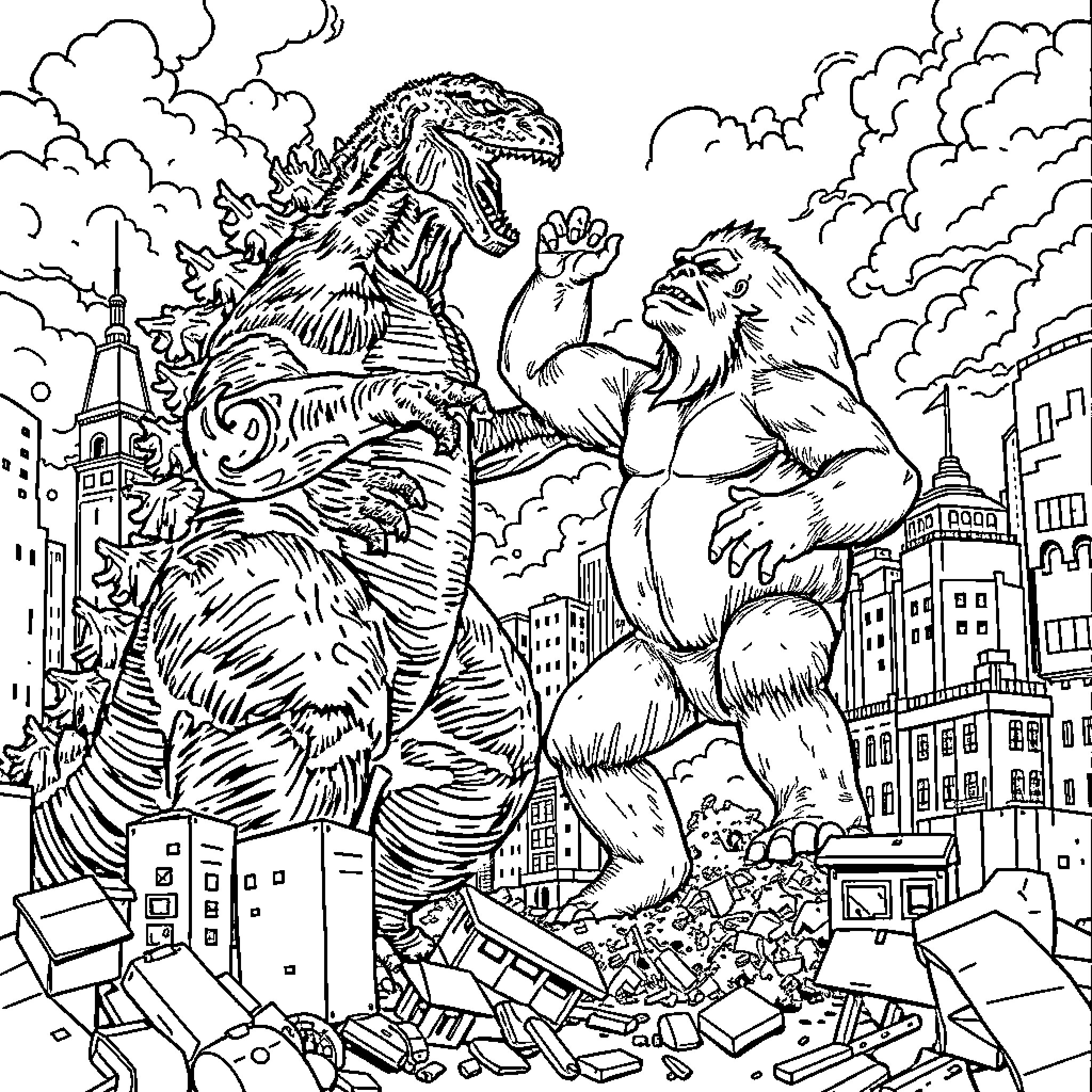 Godzilla and King Kong battle in the city Coloring Page (free black-and-white line drawing printable PDF for all, from beginners to advanced learners, including children, teens, adults, and seniors)