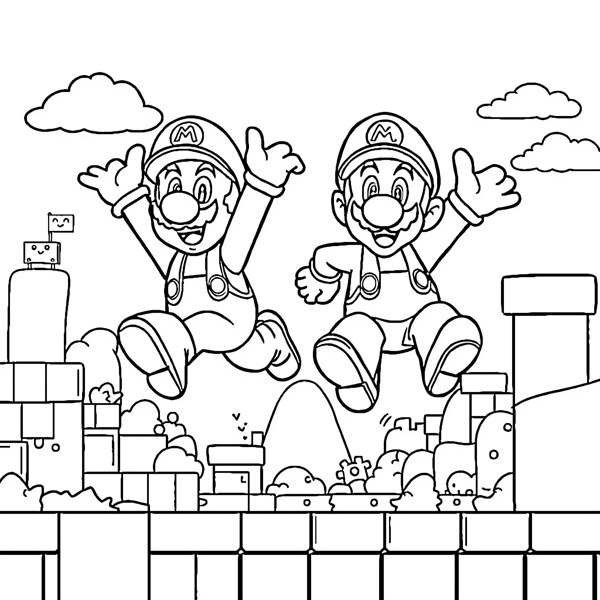 Mario Brothers Jumping with Joy Coloring Page (free black-and-white line drawing printable PDF for all, from beginners to advanced learners, including children, teens, adults, and seniors)