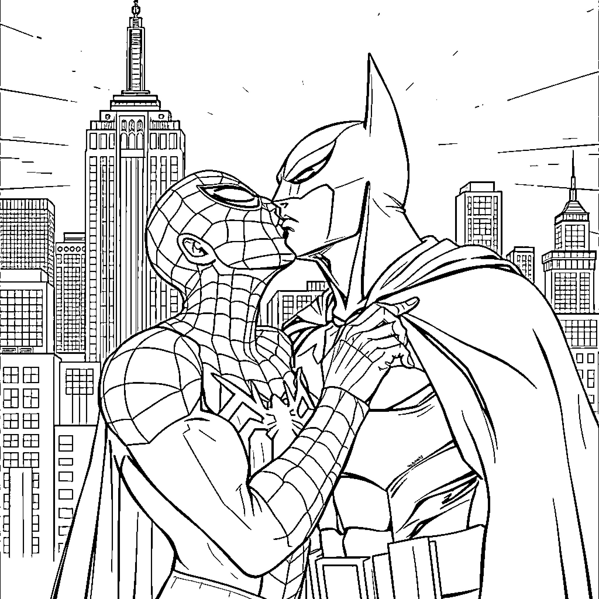Spiderman and Batman fighting in the city Coloring Page (free black-and-white line drawing printable PDF for all, from beginners to advanced learners, including children, teens, adults, and seniors)