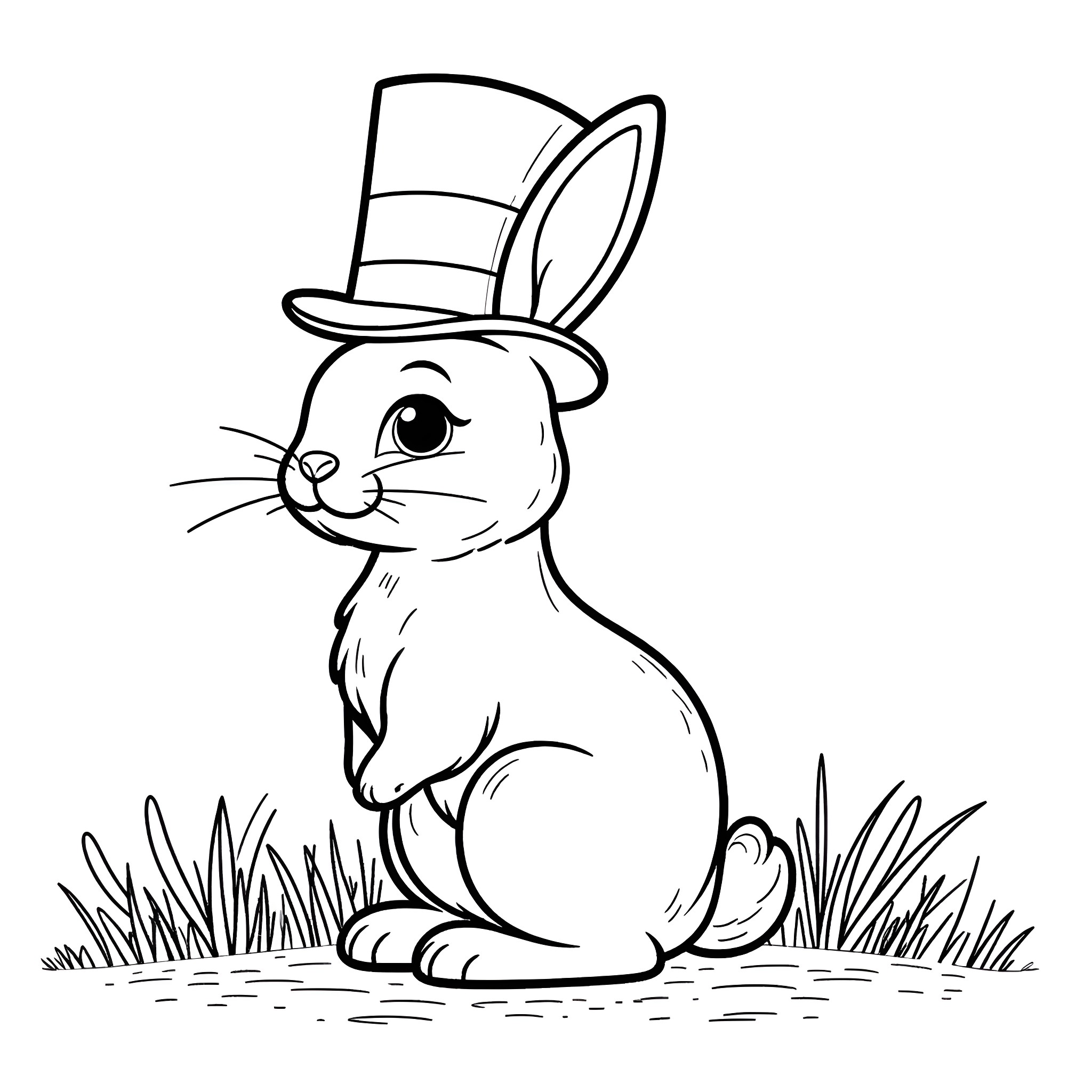 Bunny wearing a top hat in a grassy field Coloring Page (free black-and-white line drawing printable PDF for all, from beginners to advanced learners, including children, teens, adults, and seniors)