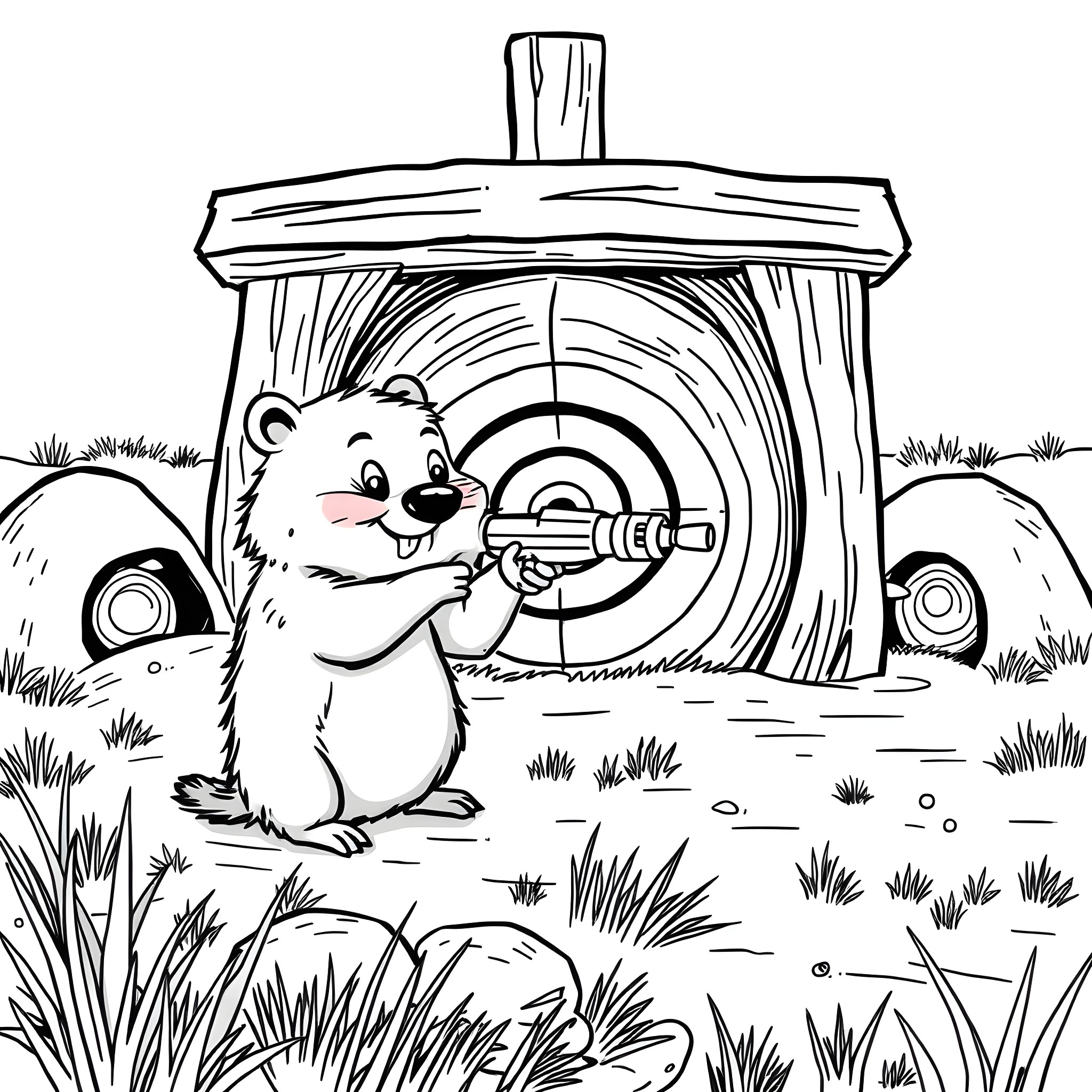 Groundhog peeking out of its burrow Coloring Page (free black-and-white line drawing printable PDF for all, from beginners to advanced learners, including children, teens, adults, and seniors)