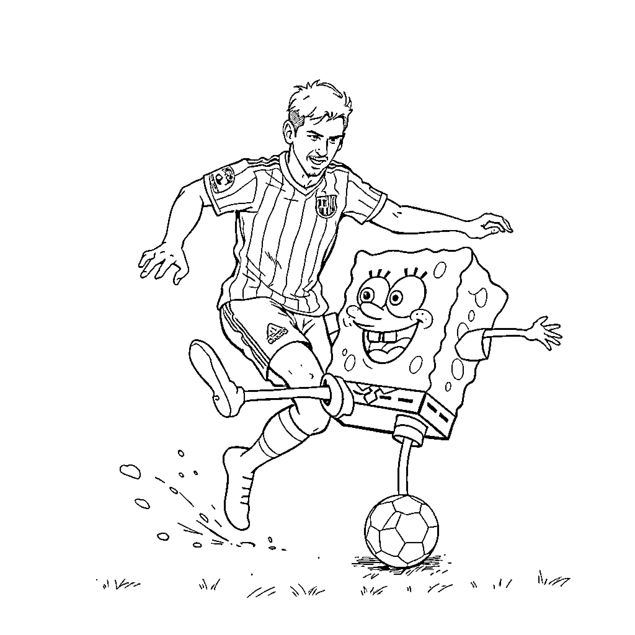 Spongebob playing soccer with a soccer ball Coloring Page (free black-and-white line drawing printable PDF for all, from beginners to advanced learners, including children, teens, adults, and seniors)