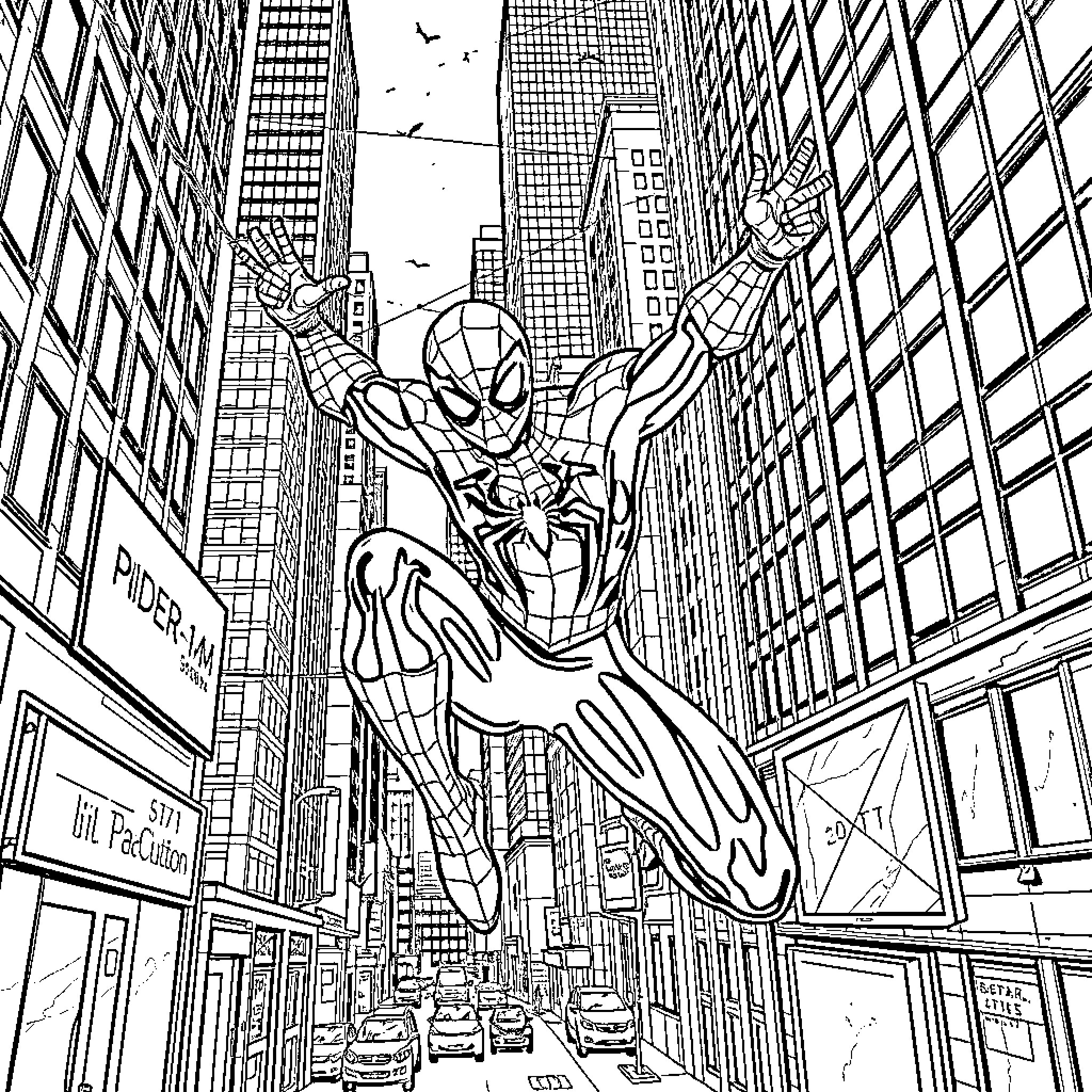Spiderman swinging high above the city streets Coloring Page (free black-and-white line drawing printable PDF for all, from beginners to advanced learners, including children, teens, adults, and seniors)