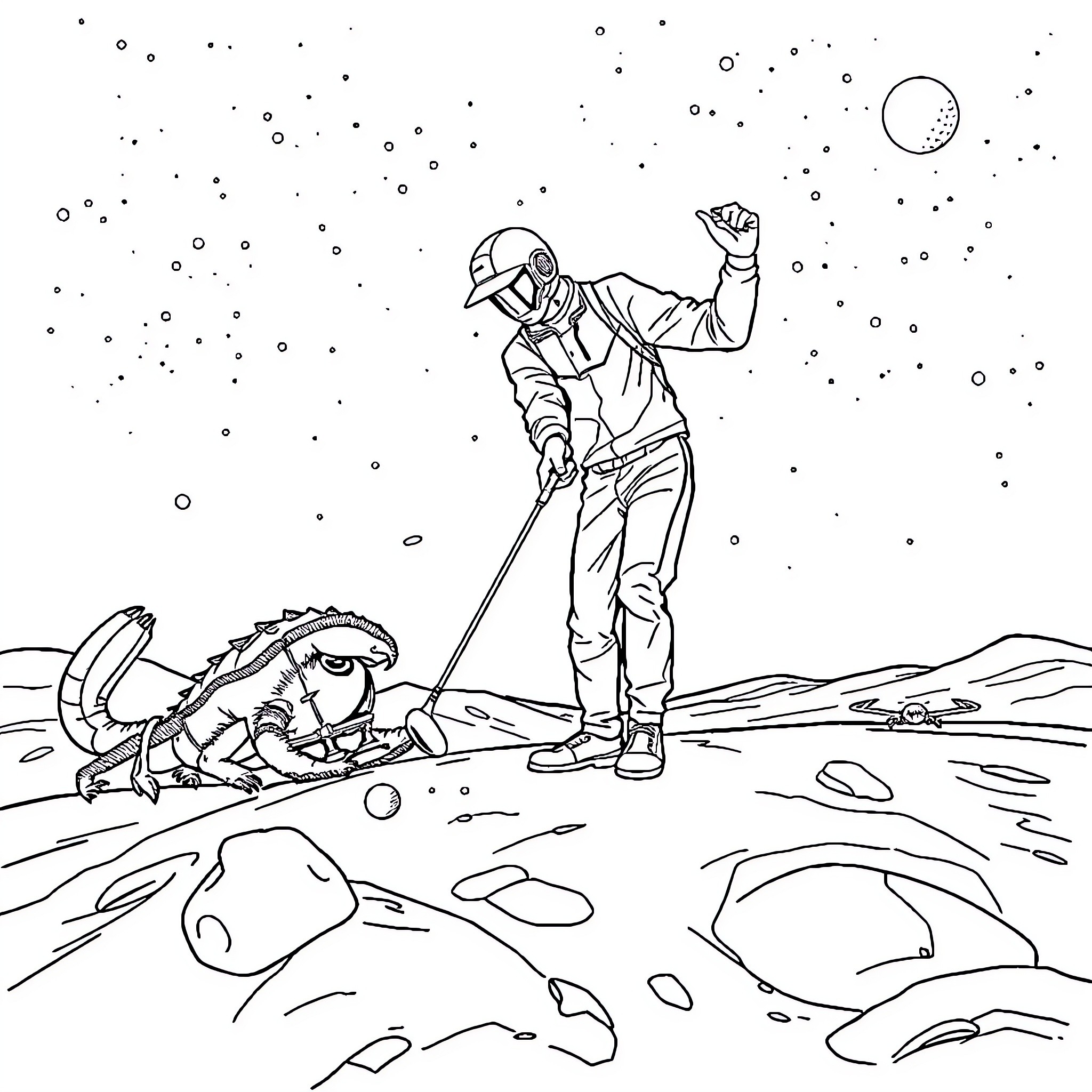 Golf Player on Alien Planet with Strange Creature Coloring Page (free black-and-white line drawing printable PDF for all, from beginners to advanced learners, including children, teens, adults, and seniors)