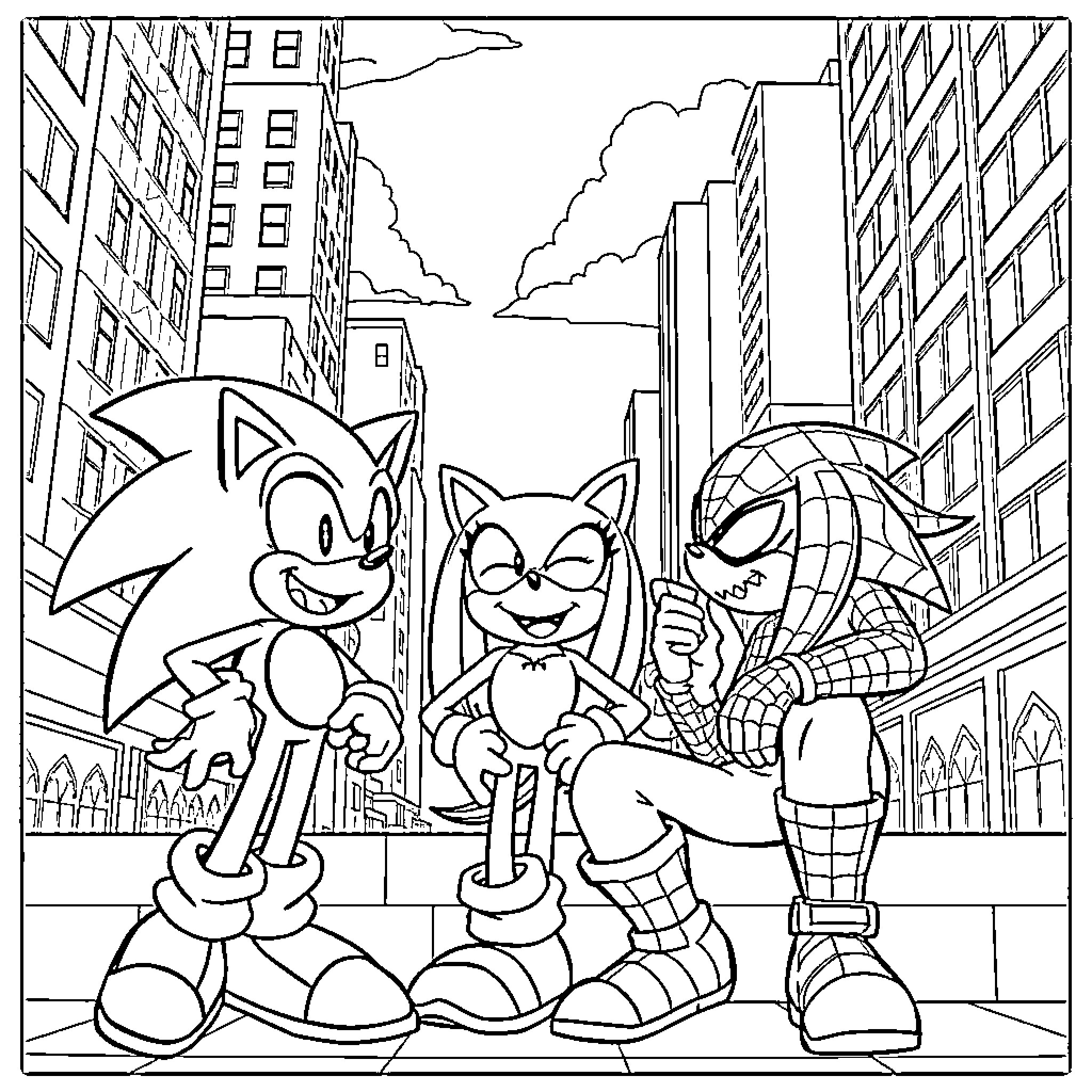 Sonic and Friends in the City Coloring Page (free black-and-white line drawing printable PDF for all, from beginners to advanced learners, including children, teens, adults, and seniors)