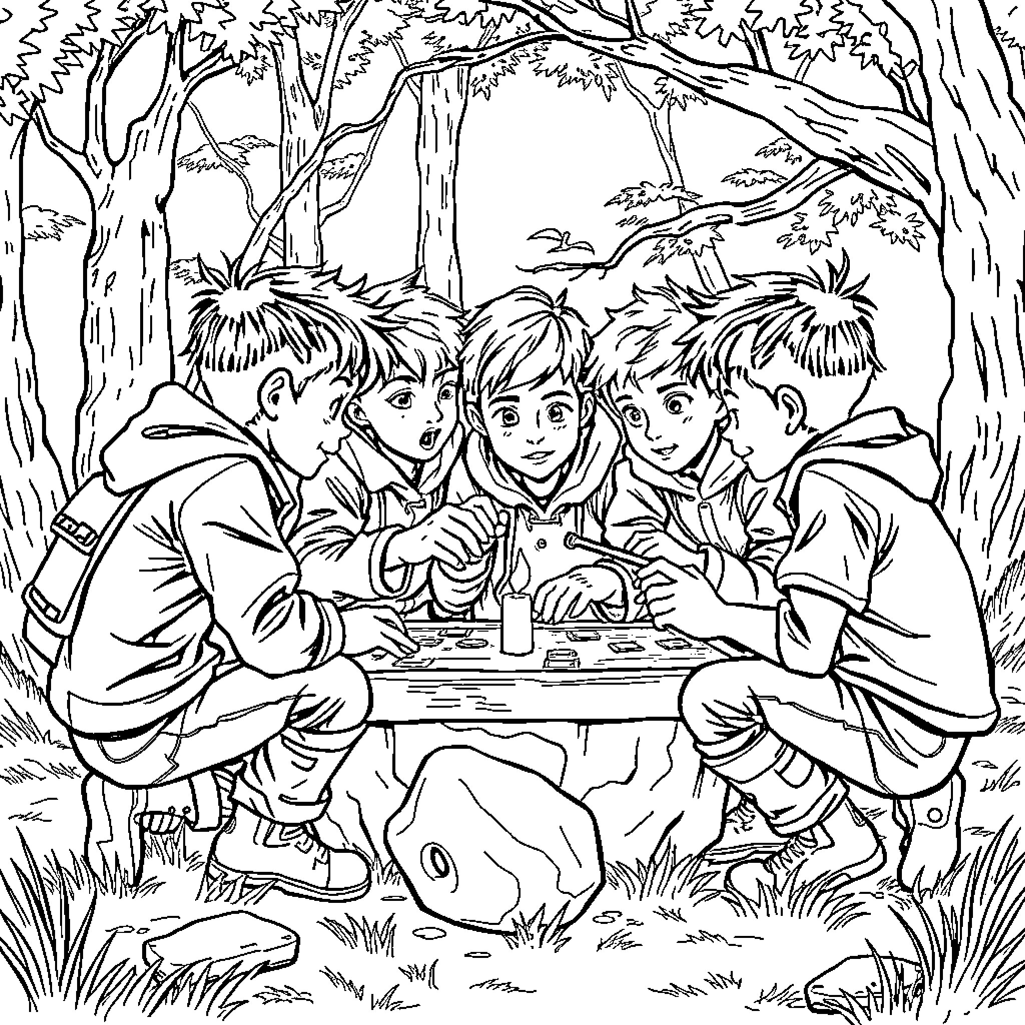 Huntrix Adventurers Exploring the Enchanted Forest Coloring Page (free black-and-white line drawing printable PDF for all, from beginners to advanced learners, including children, teens, adults, and seniors)