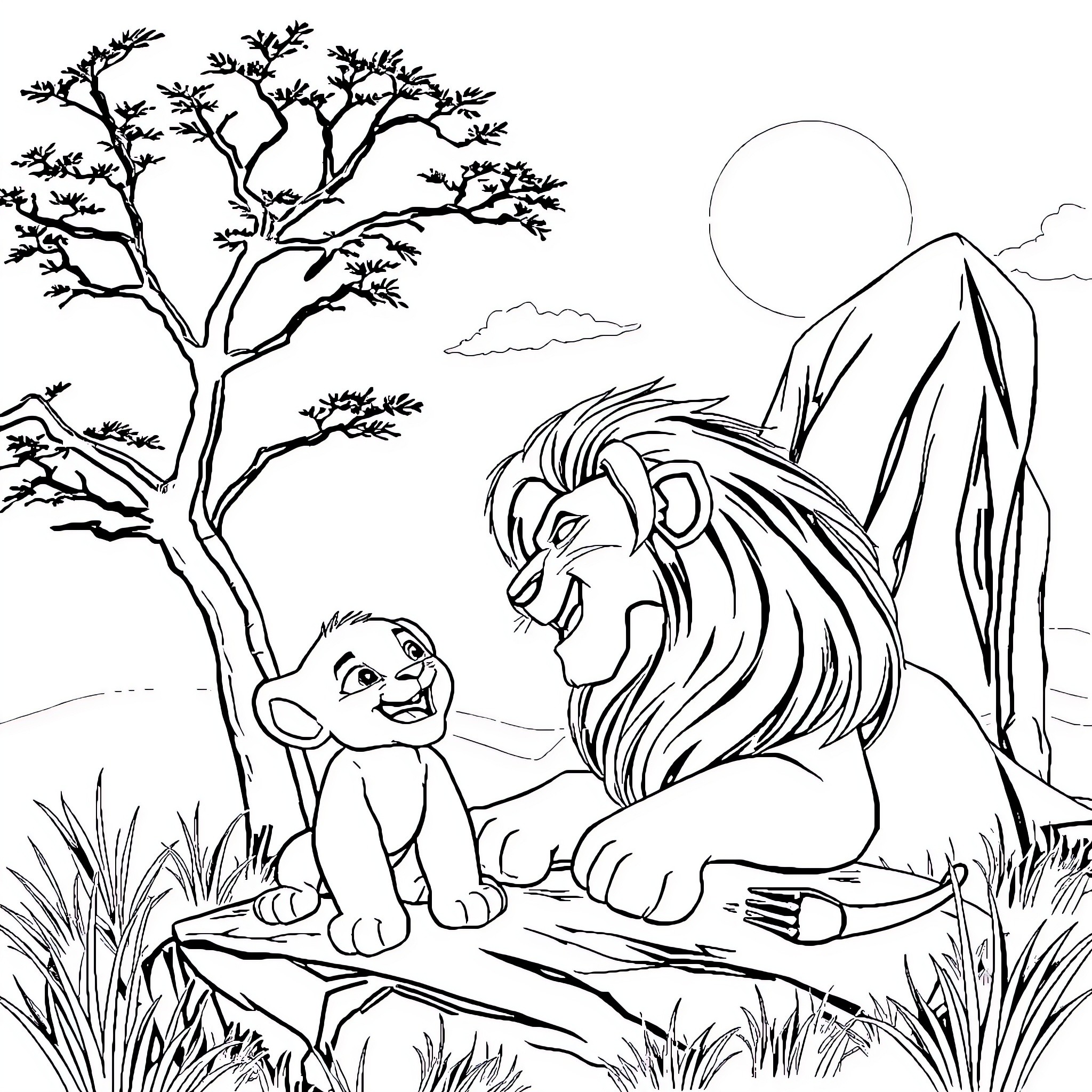 Simba and Mufasa in the Serengeti Coloring Page (free black-and-white line drawing printable PDF for all, from beginners to advanced learners, including children, teens, adults, and seniors)