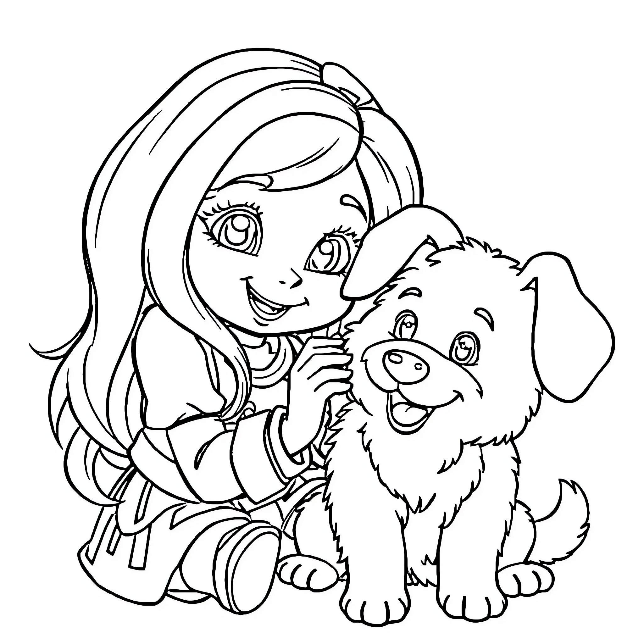 Gabby playing happily with a friendly puppy Coloring Page (free black-and-white line drawing printable PDF for all, from beginners to advanced learners, including children, teens, adults, and seniors)