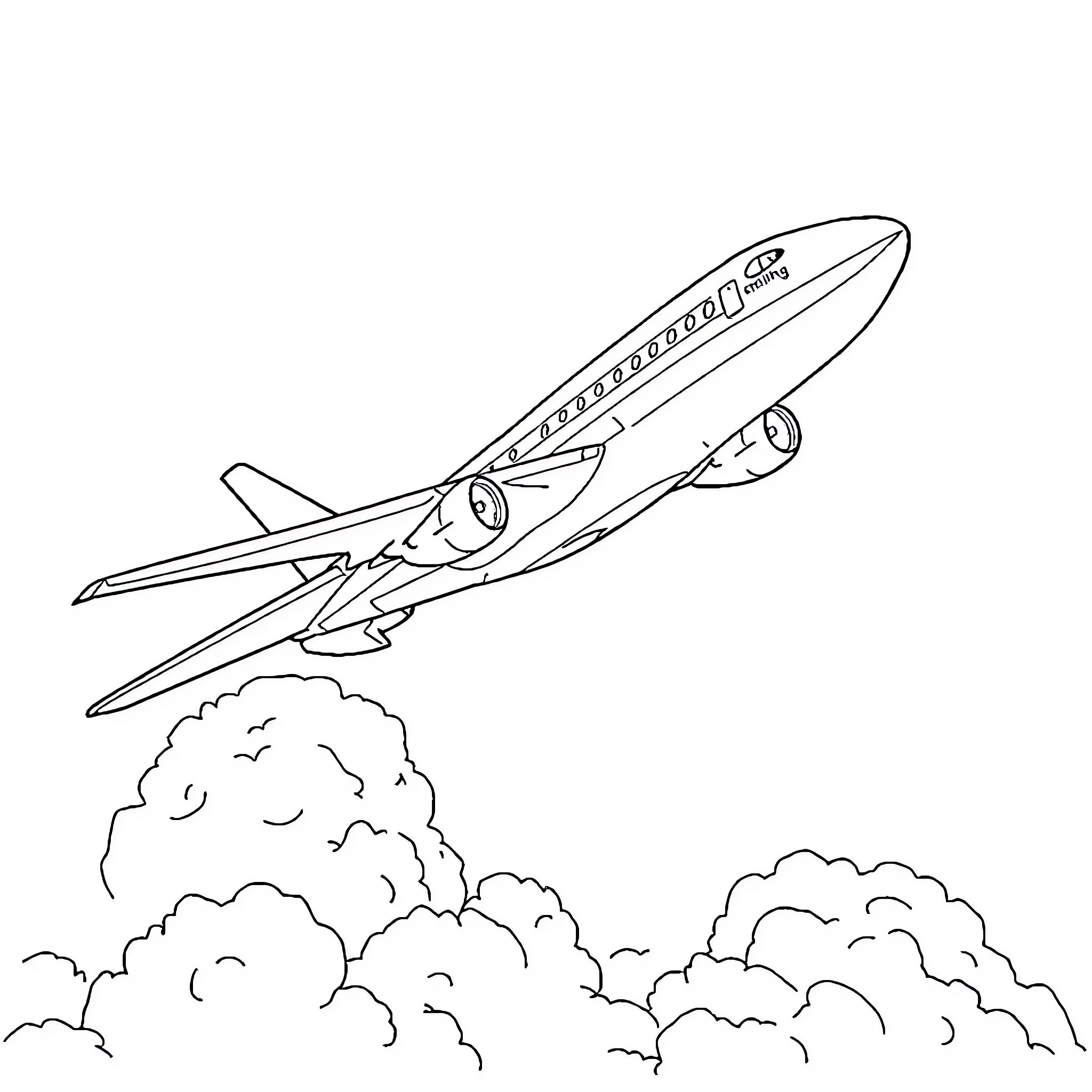 Jet taking off amidst clouds Coloring Page (free black-and-white line drawing printable PDF for all, from beginners to advanced learners, including children, teens, adults, and seniors)