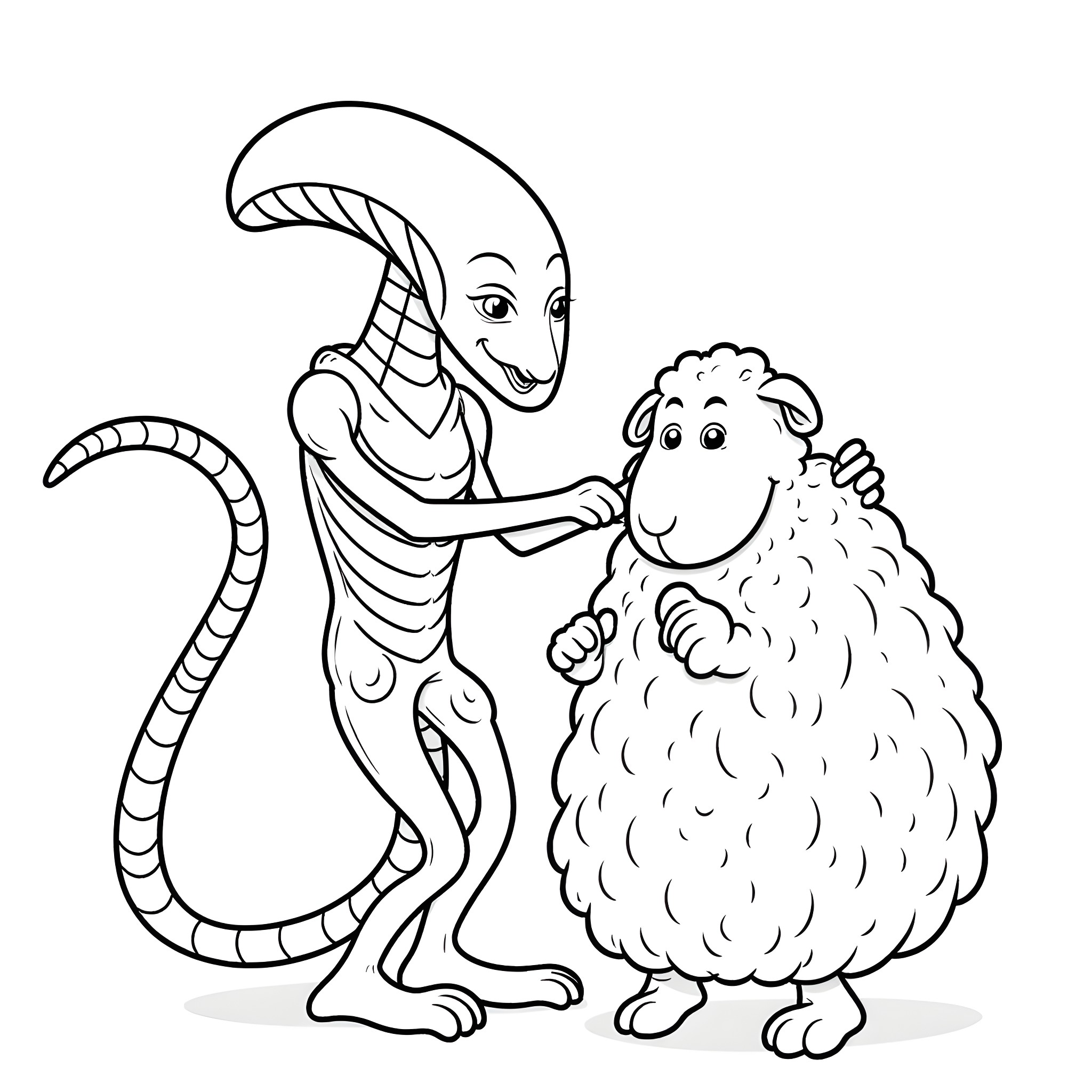 Xenomorph Befriending a Fuzzy Creature Coloring Page (free black-and-white line drawing printable PDF for all, from beginners to advanced learners, including children, teens, adults, and seniors)