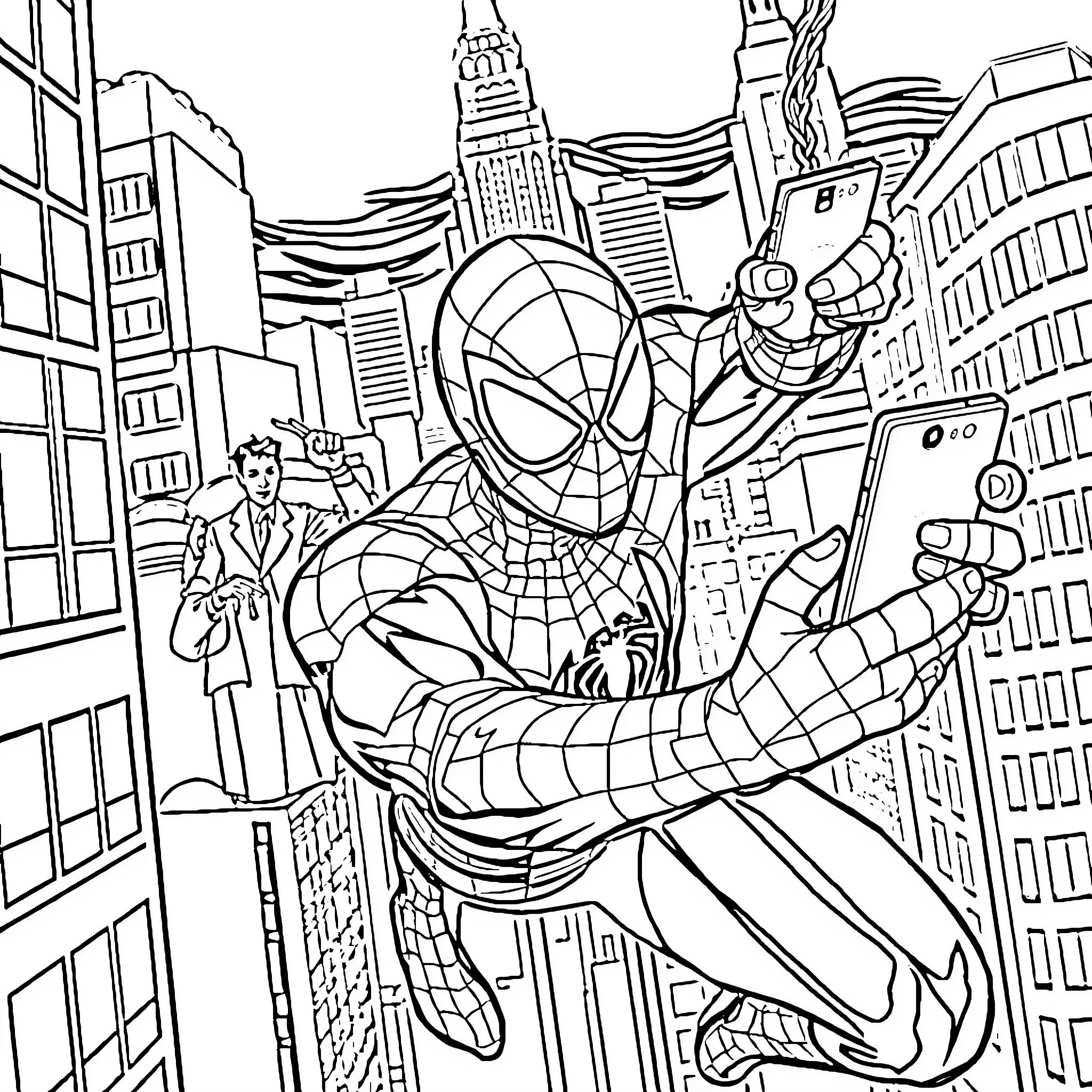 Spiderman swinging through the city skyline Coloring Page (free black-and-white line drawing printable PDF for all, from beginners to advanced learners, including children, teens, adults, and seniors)