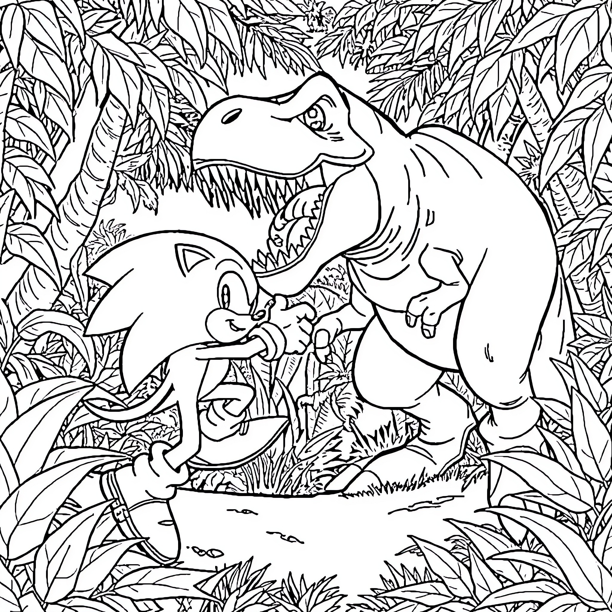 Sonic and Dinosaur Encounter in the Wilderness Coloring Page (free black-and-white line drawing printable PDF for all, from beginners to advanced learners, including children, teens, adults, and seniors)