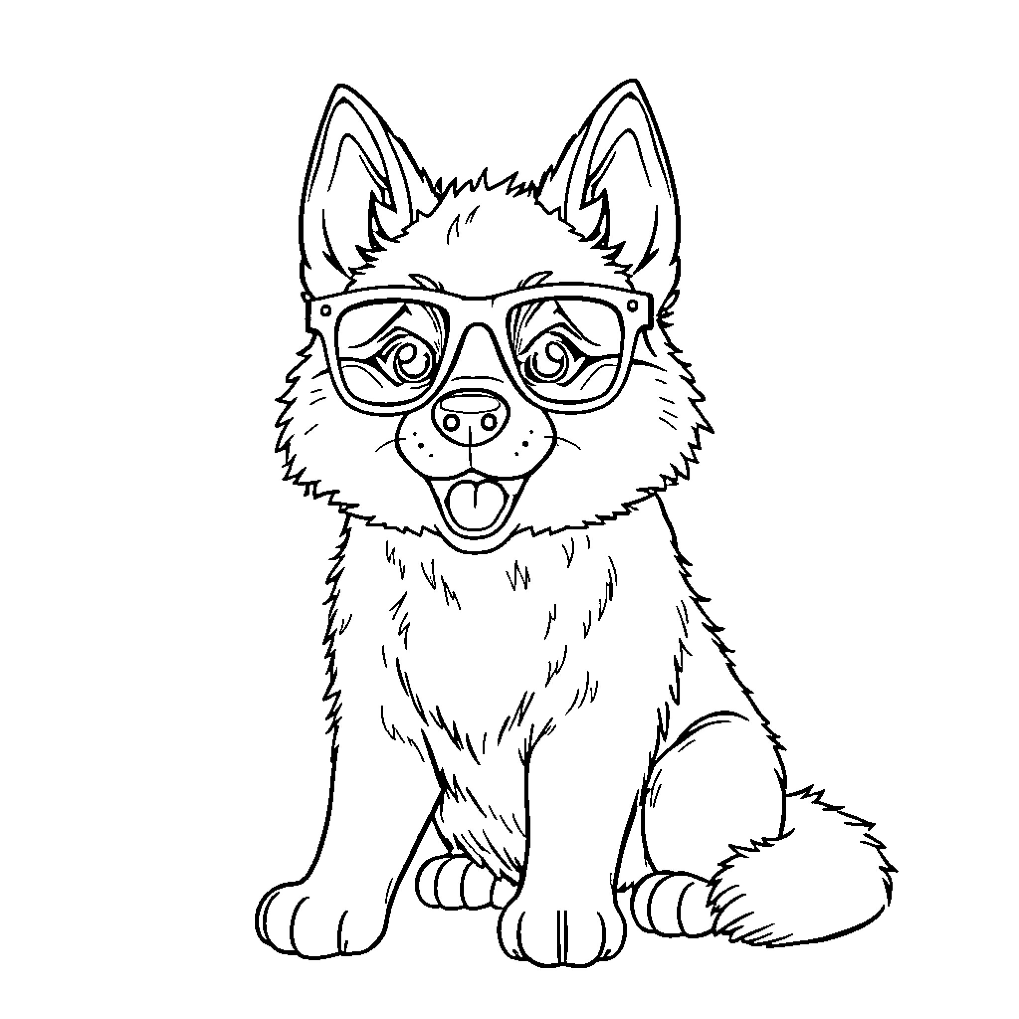 Husky wearing stylish glasses and making a happy expression Coloring Page (free black-and-white line drawing printable PDF for all, from beginners to advanced learners, including children, teens, adults, and seniors)