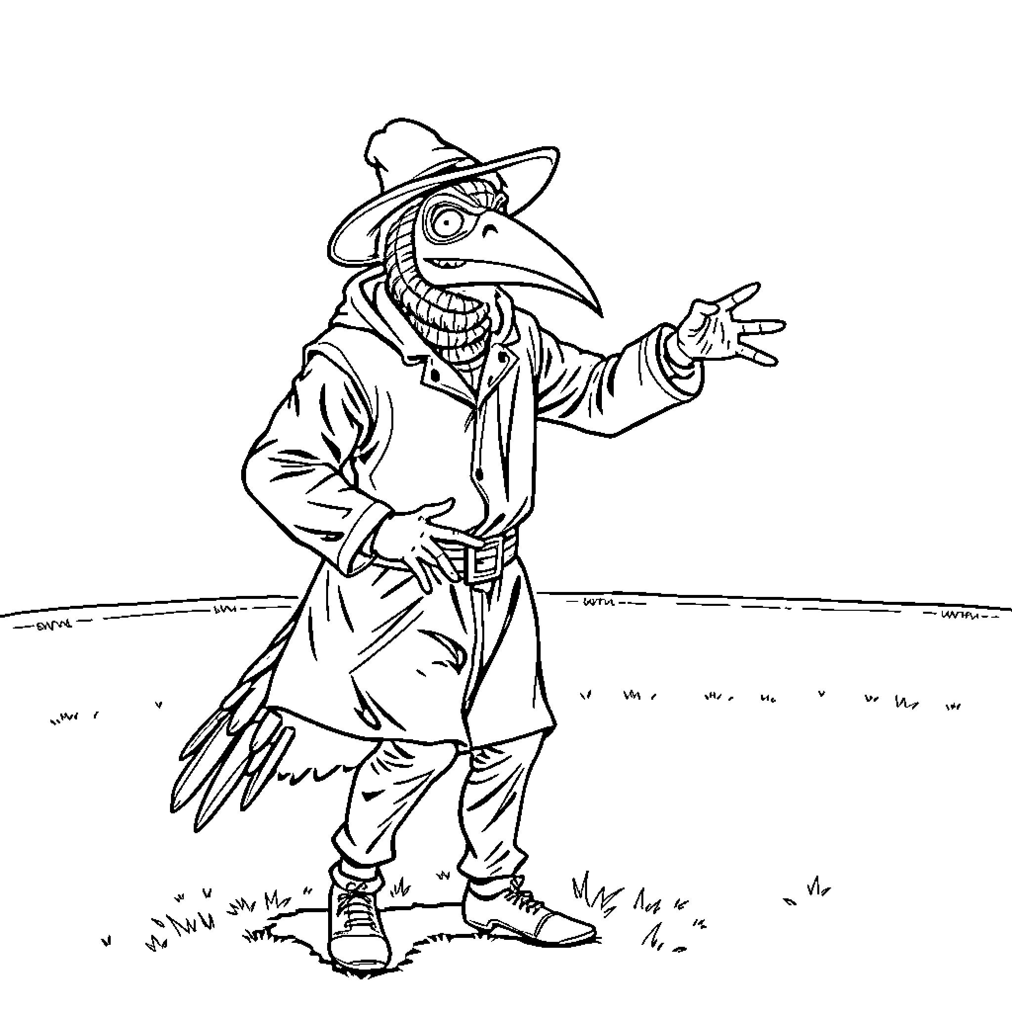 Plague Doctor Surveying the Landscape Coloring Page (free black-and-white line drawing printable PDF for all, from beginners to advanced learners, including children, teens, adults, and seniors)