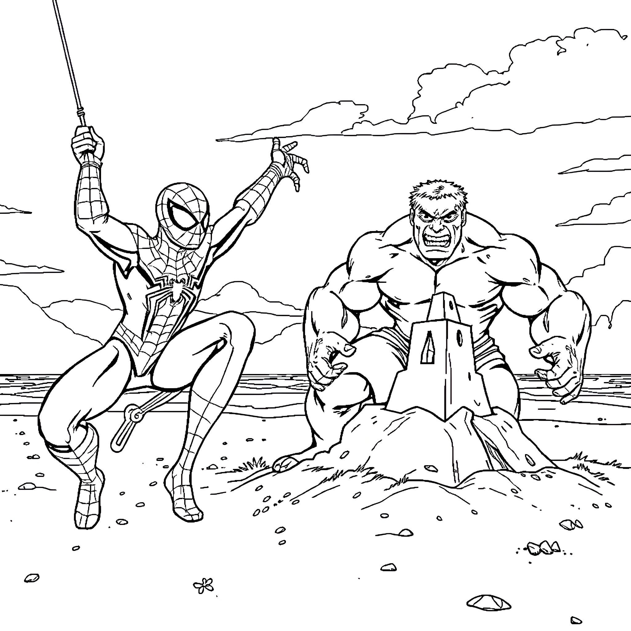 Spiderman battles the Hulk in a dramatic scene Coloring Page (free black-and-white line drawing printable PDF for all, from beginners to advanced learners, including children, teens, adults, and seniors)