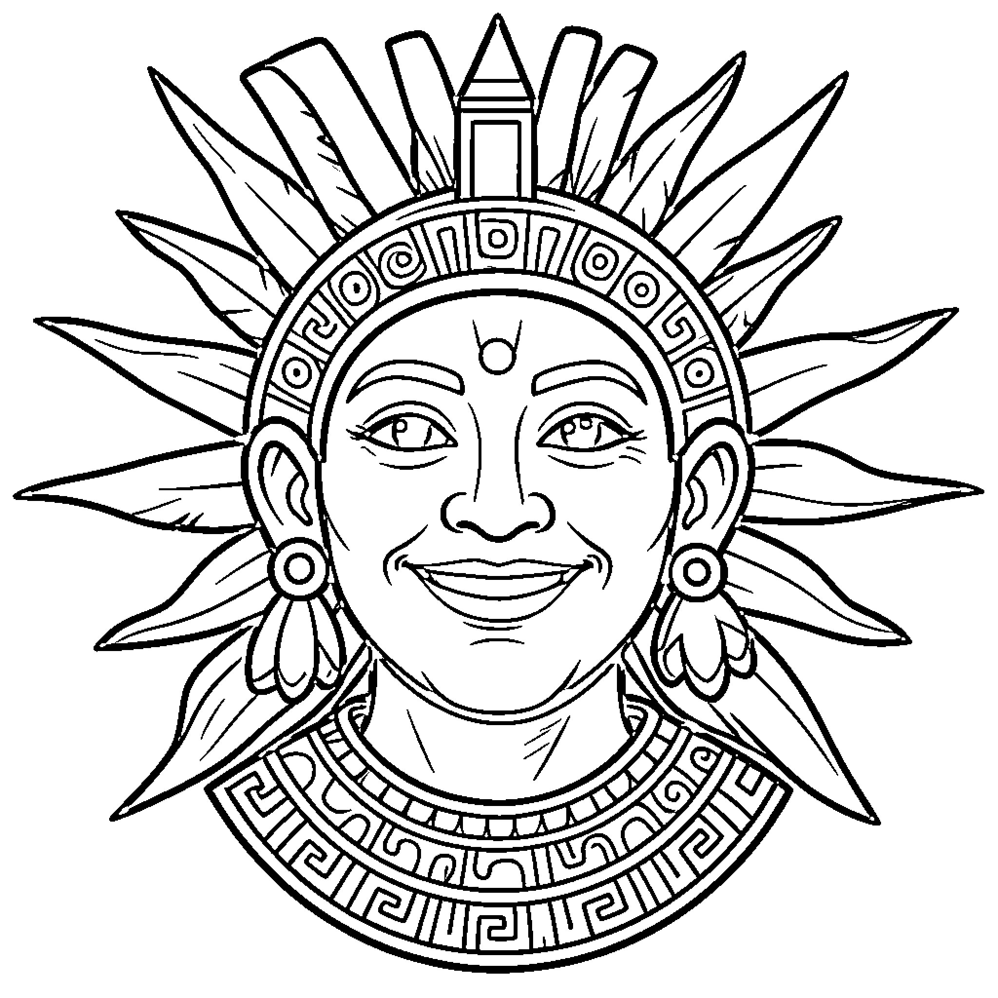 Kinich wearing an ornate tribal headdress and smiling Coloring Page (free black-and-white line drawing printable PDF for all, from beginners to advanced learners, including children, teens, adults, and seniors)