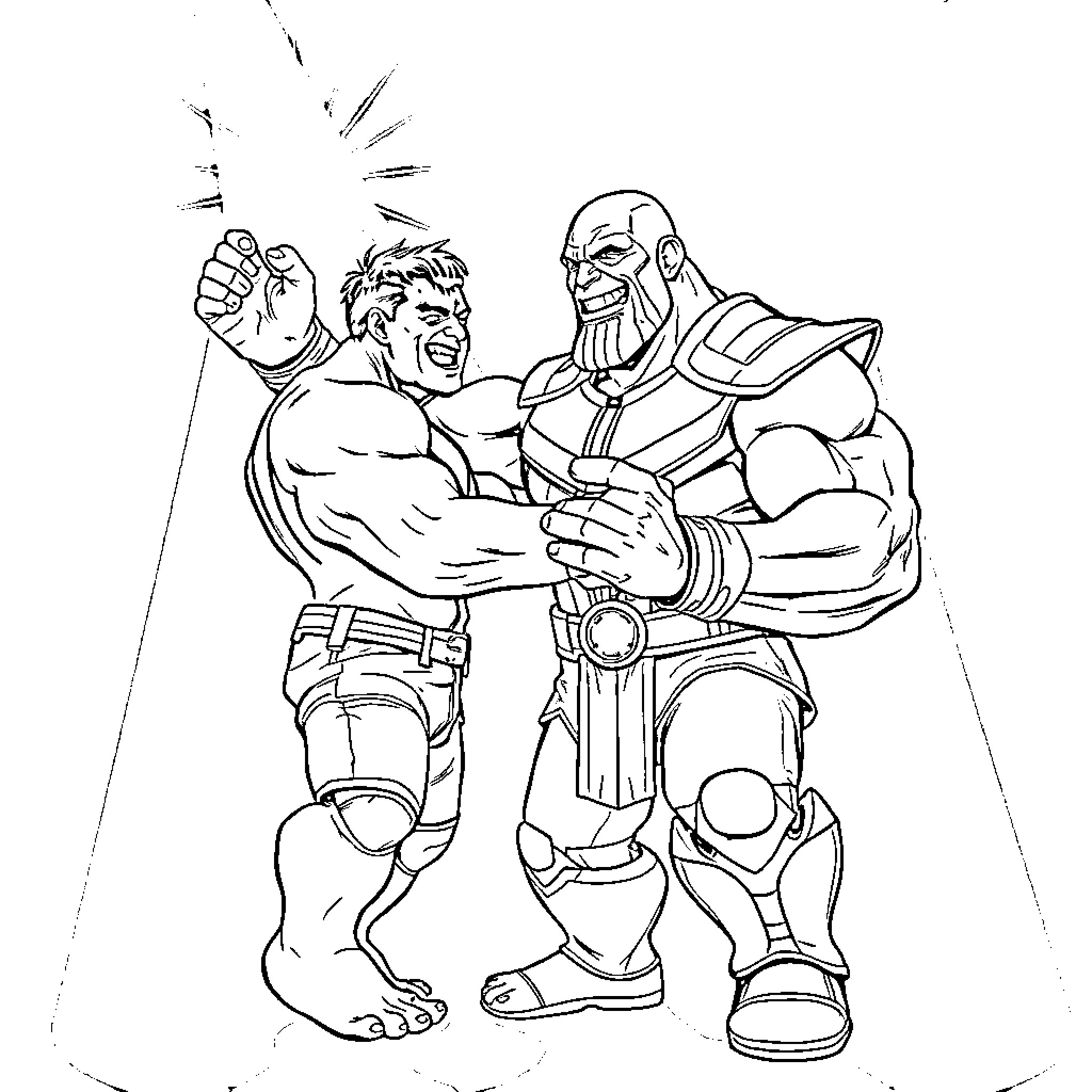 Hulk and Thanos engaged in an intense battle Coloring Page (free black-and-white line drawing printable PDF for all, from beginners to advanced learners, including children, teens, adults, and seniors)
