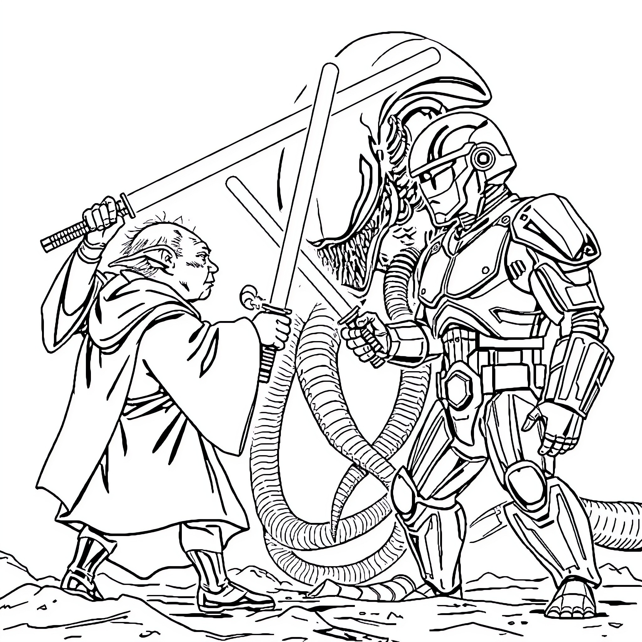 Yoda facing off against a robotic warrior Coloring Page (free black-and-white line drawing printable PDF for all, from beginners to advanced learners, including children, teens, adults, and seniors)