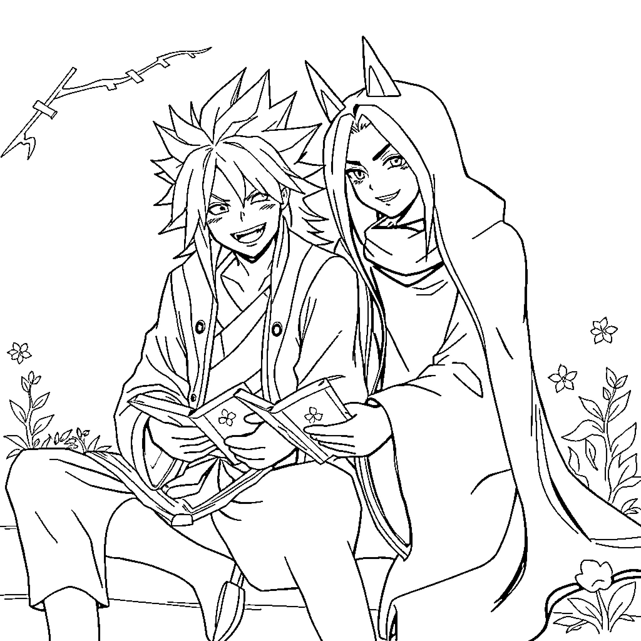 Tsunade and companion in serene nature setting Coloring Page (free black-and-white line drawing printable PDF for all, from beginners to advanced learners, including children, teens, adults, and seniors)