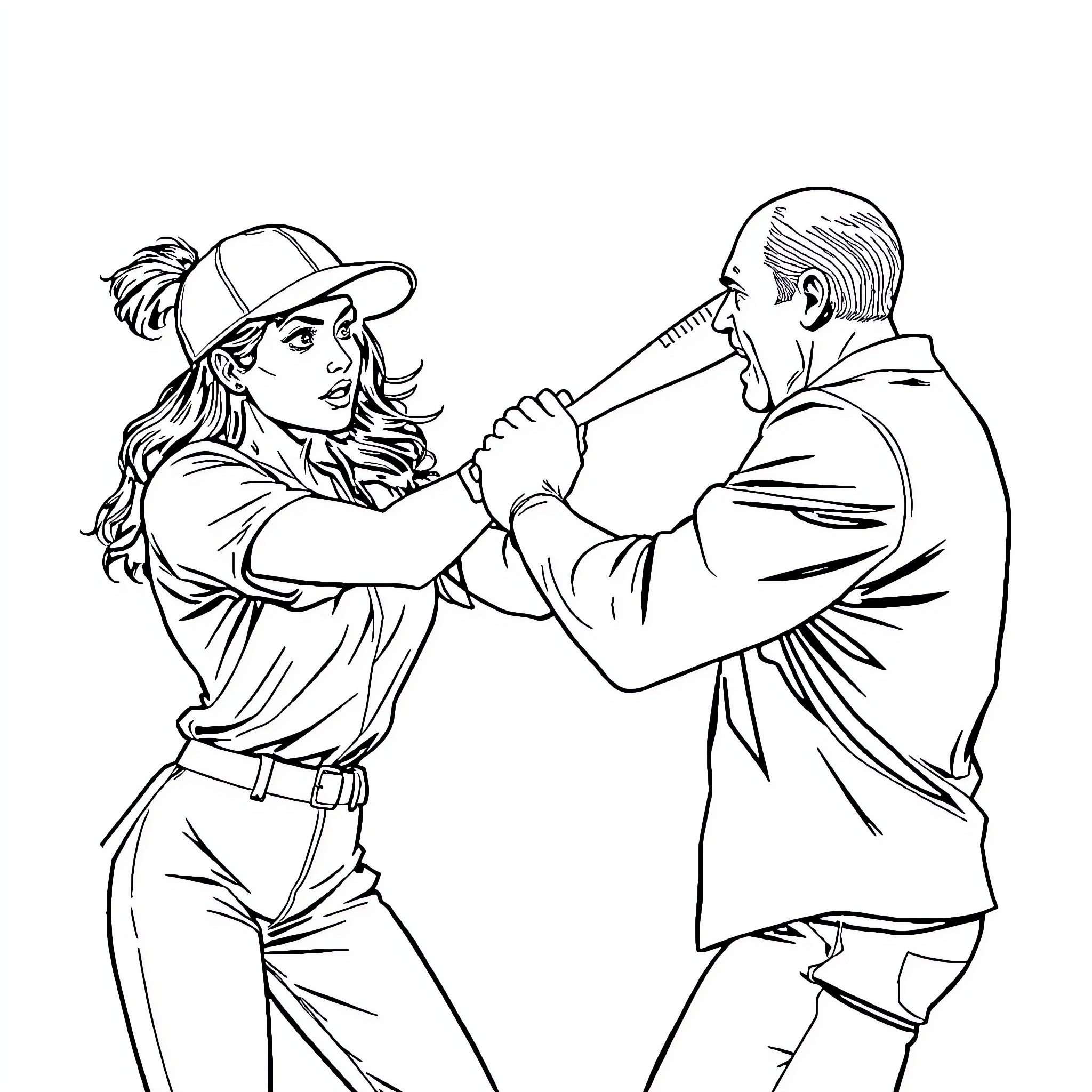 Woman in protective gear fighting against opponent Coloring Page (free black-and-white line drawing printable PDF for all, from beginners to advanced learners, including children, teens, adults, and seniors)