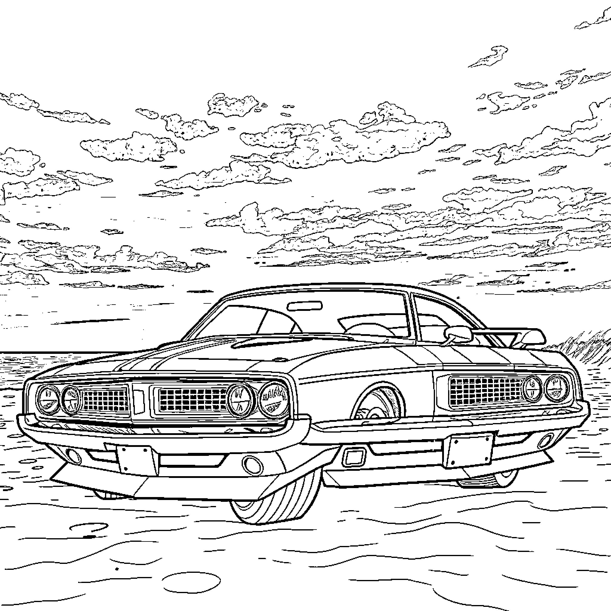 Muscle Car Speeding Through Scenic Landscape Coloring Page (free black-and-white line drawing printable PDF for all, from beginners to advanced learners, including children, teens, adults, and seniors)