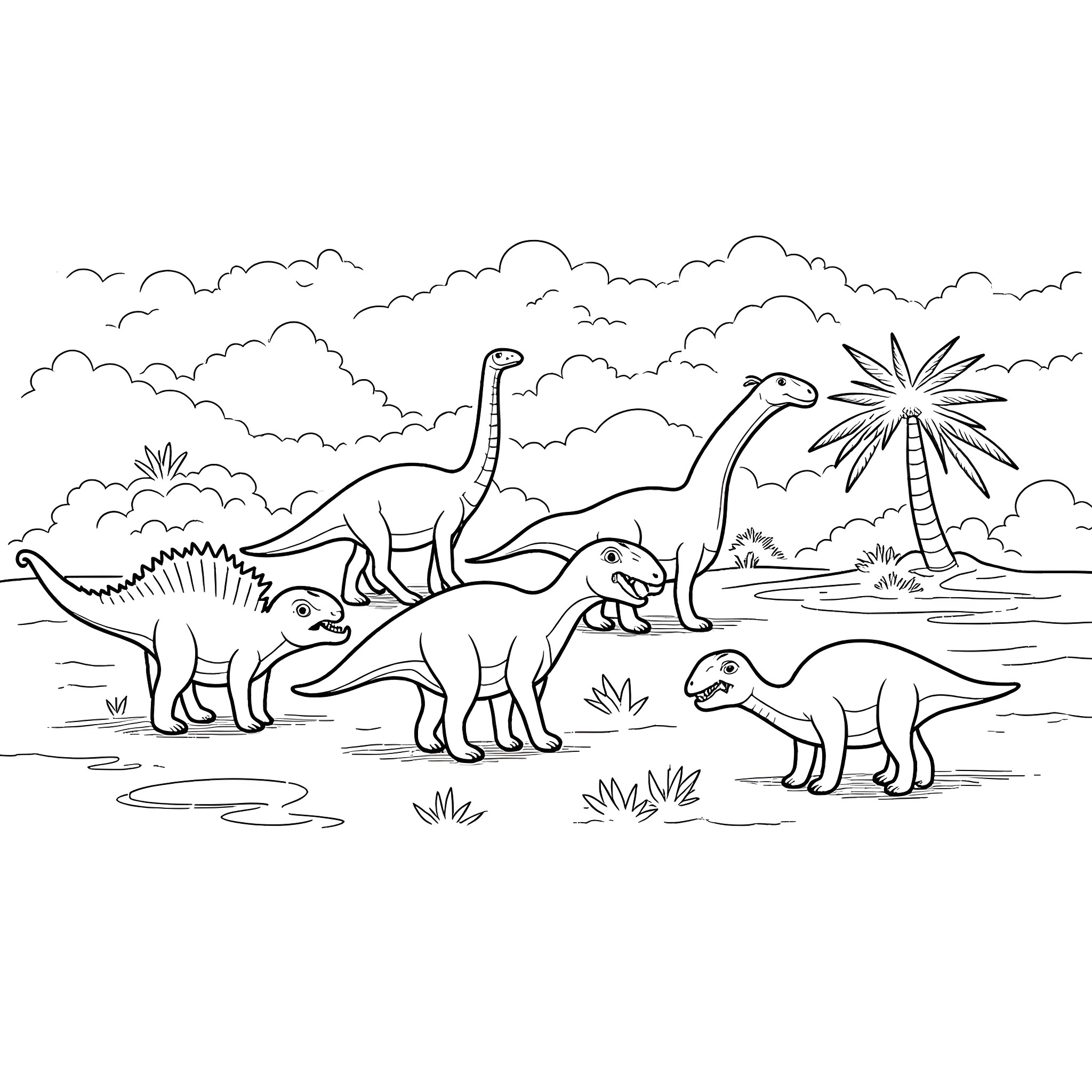 Dinosaurs exploring prehistoric landscape Coloring Page (free black-and-white line drawing printable PDF for all, from beginners to advanced learners, including children, teens, adults, and seniors)