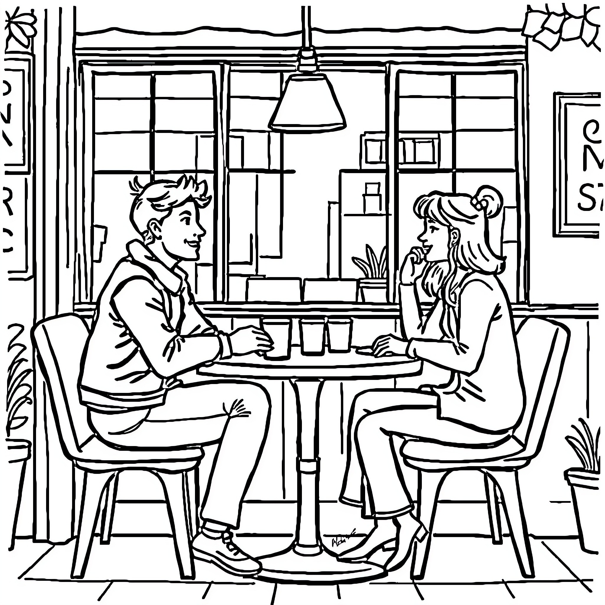 Cat couple having a conversation in a cafe Coloring Page (free black-and-white line drawing printable PDF for all, from beginners to advanced learners, including children, teens, adults, and seniors)