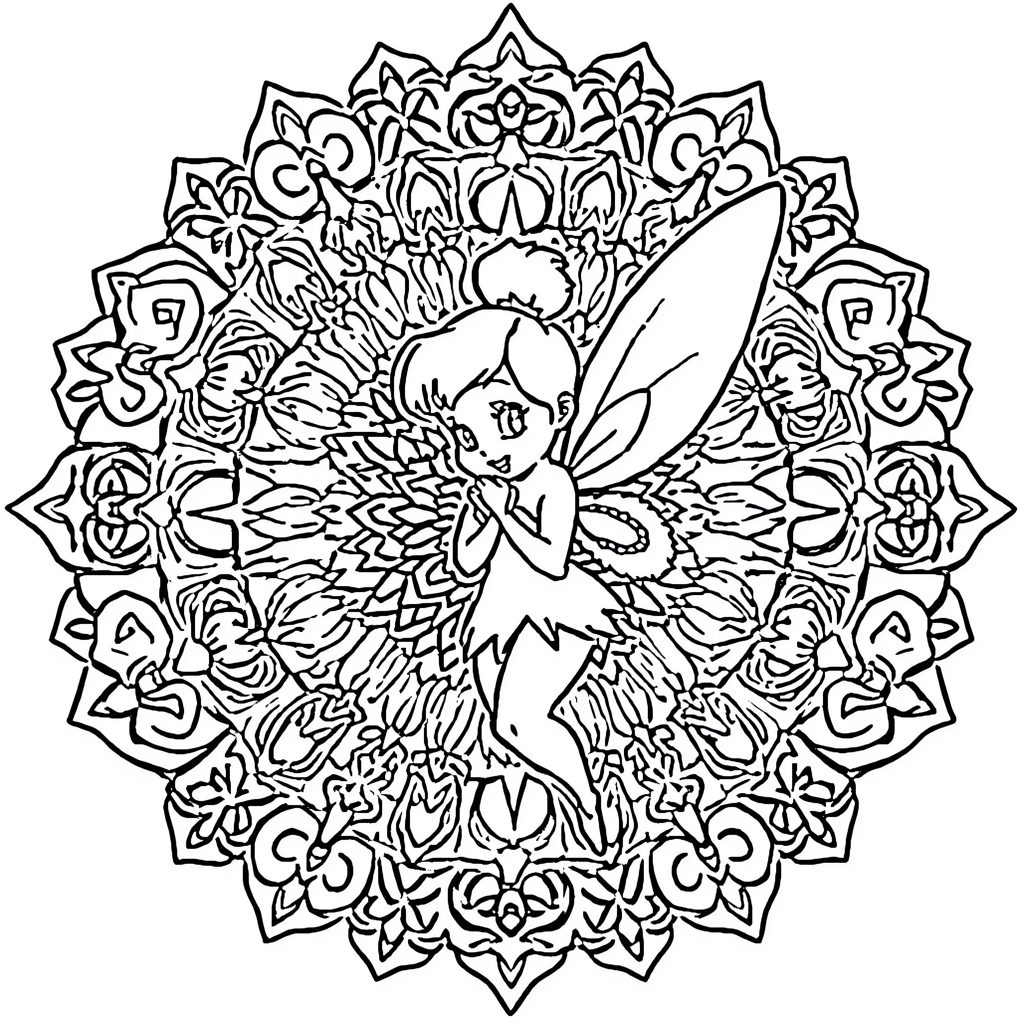 Tinkerbell in ornate floral mandala Coloring Page (free black-and-white line drawing printable PDF for all, from beginners to advanced learners, including children, teens, adults, and seniors)