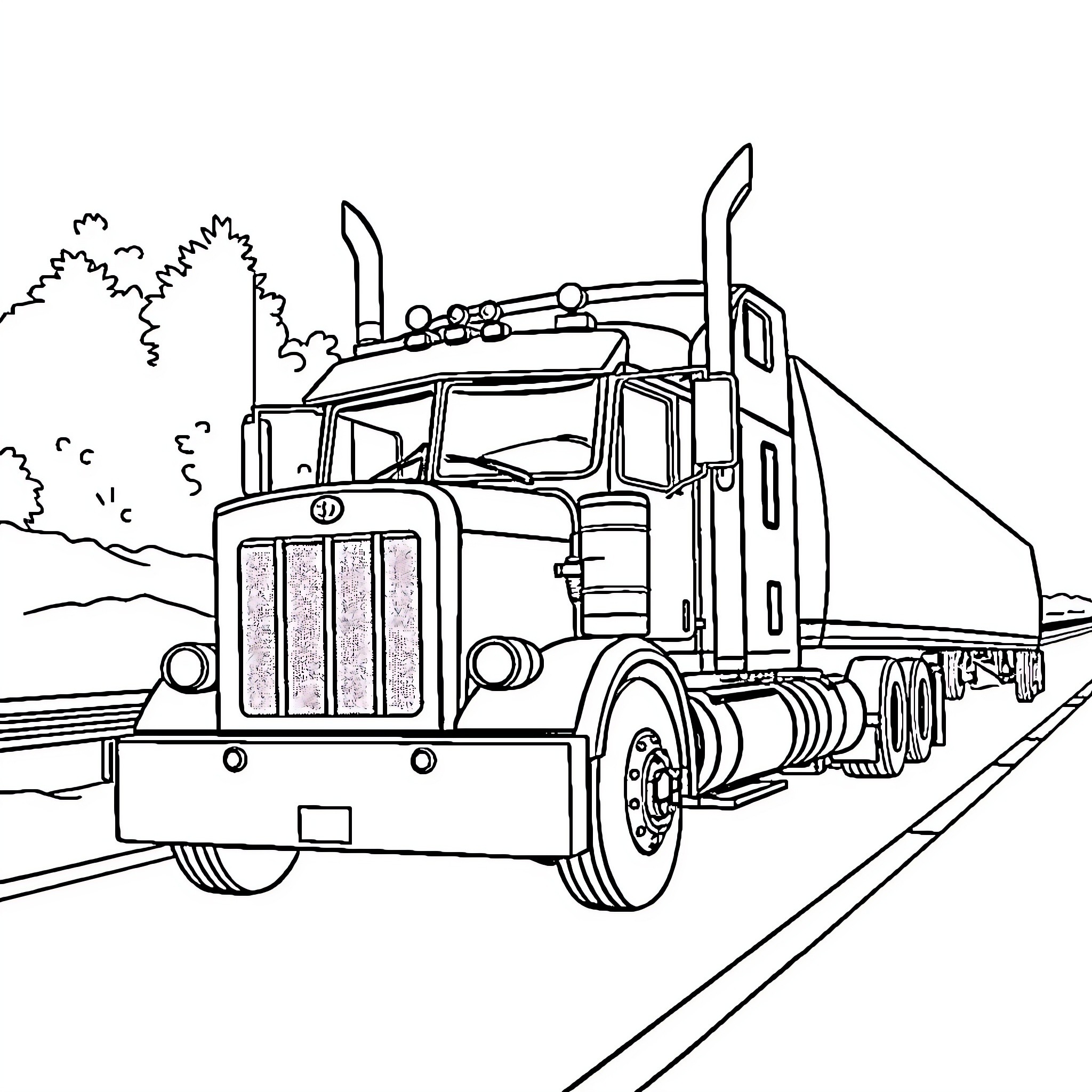 Truck transporting cargo on the highway Coloring Page (free black-and-white line drawing printable PDF for all, from beginners to advanced learners, including children, teens, adults, and seniors)