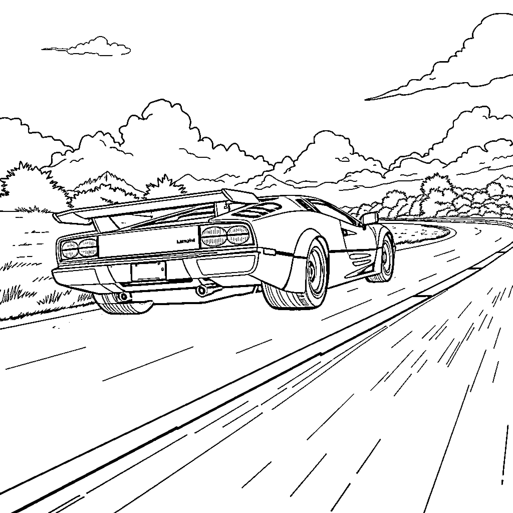 Lamborghini supercar racing through scenic landscape Coloring Page (free black-and-white line drawing printable PDF for all, from beginners to advanced learners, including children, teens, adults, and seniors)